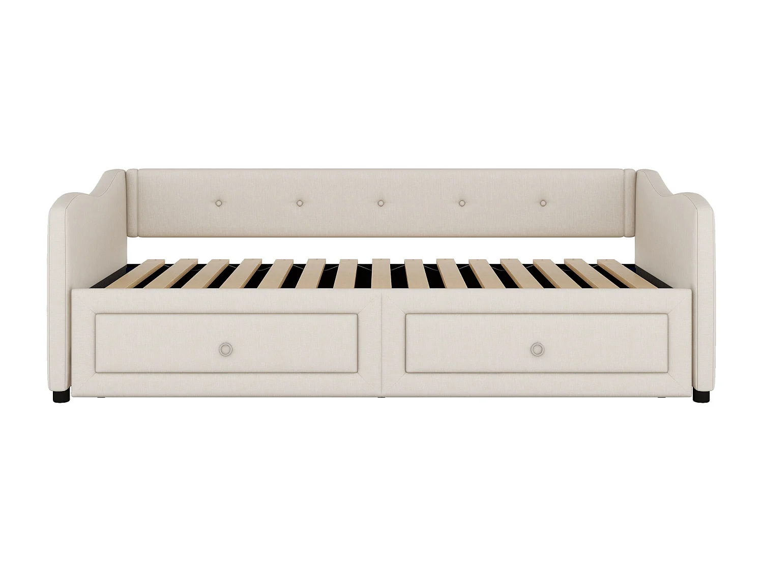 Lit gigogne 90x200 cm, lin beige, Lit enfants avec 2 tiroirs et sommier à lattes, sans matelas