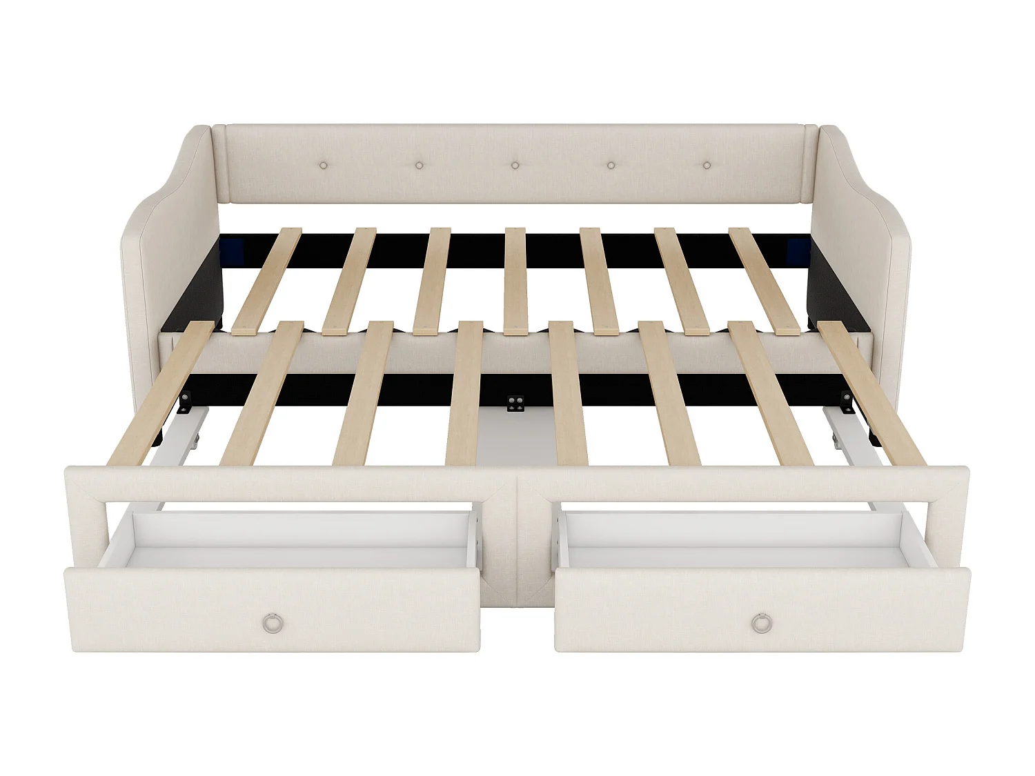 Lit gigogne 90x200 cm, lin beige, Lit enfants avec 2 tiroirs et sommier à lattes, sans matelas