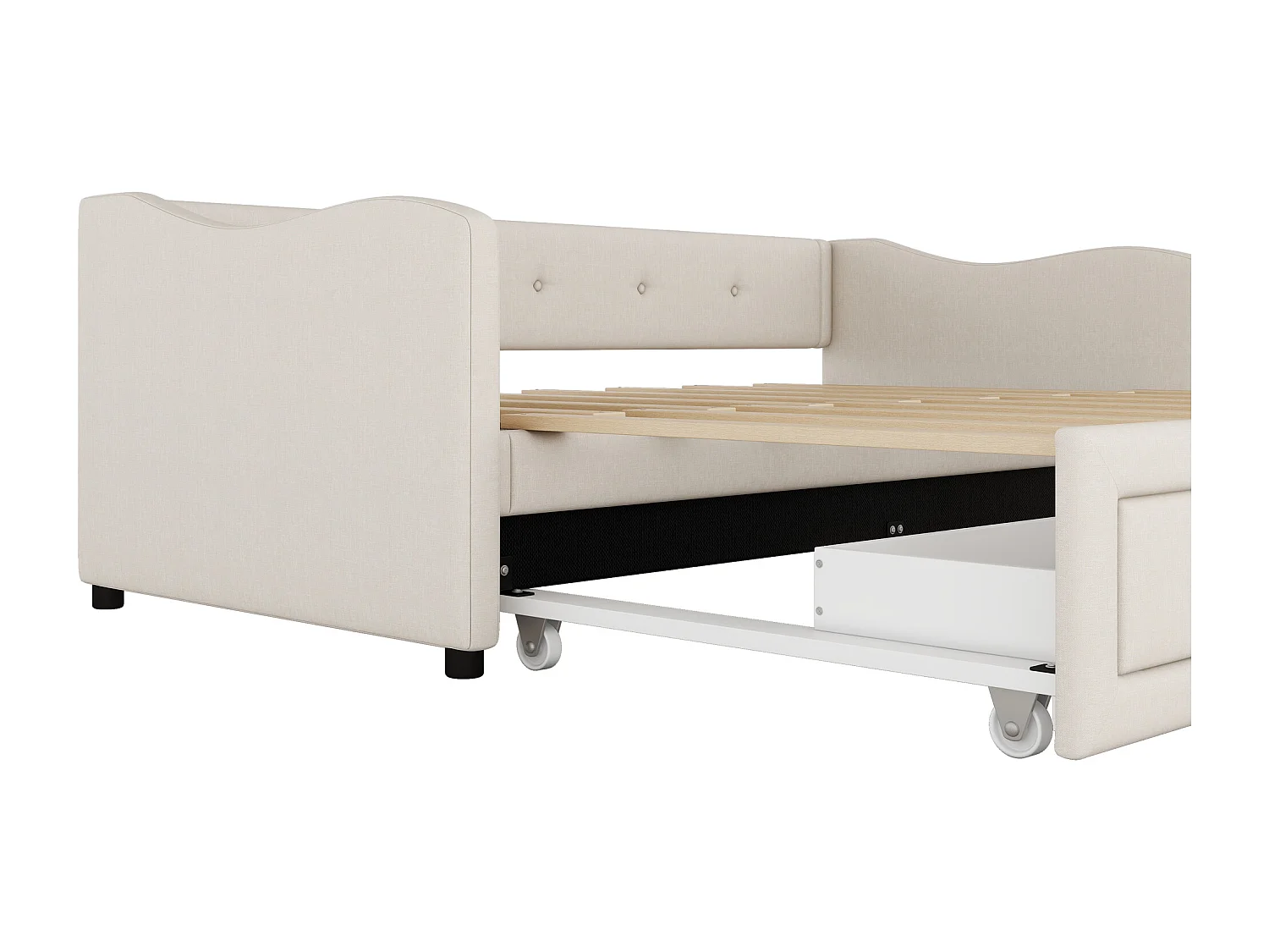 Lit gigogne 90x200 cm, lin beige, Lit enfants avec 2 tiroirs et sommier à lattes, sans matelas