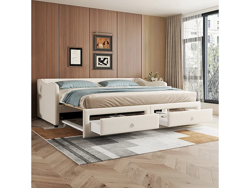 Lit gigogne 90x200 cm, lin beige, Lit enfants avec 2 tiroirs et sommier à lattes, sans matelas