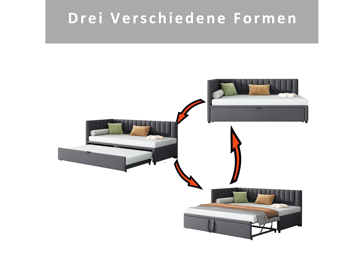 Lit banquette 90/180x200 cm - velours gris foncé - Lit enfant avec dossier rembourré et sommier à lattes - sans matelas