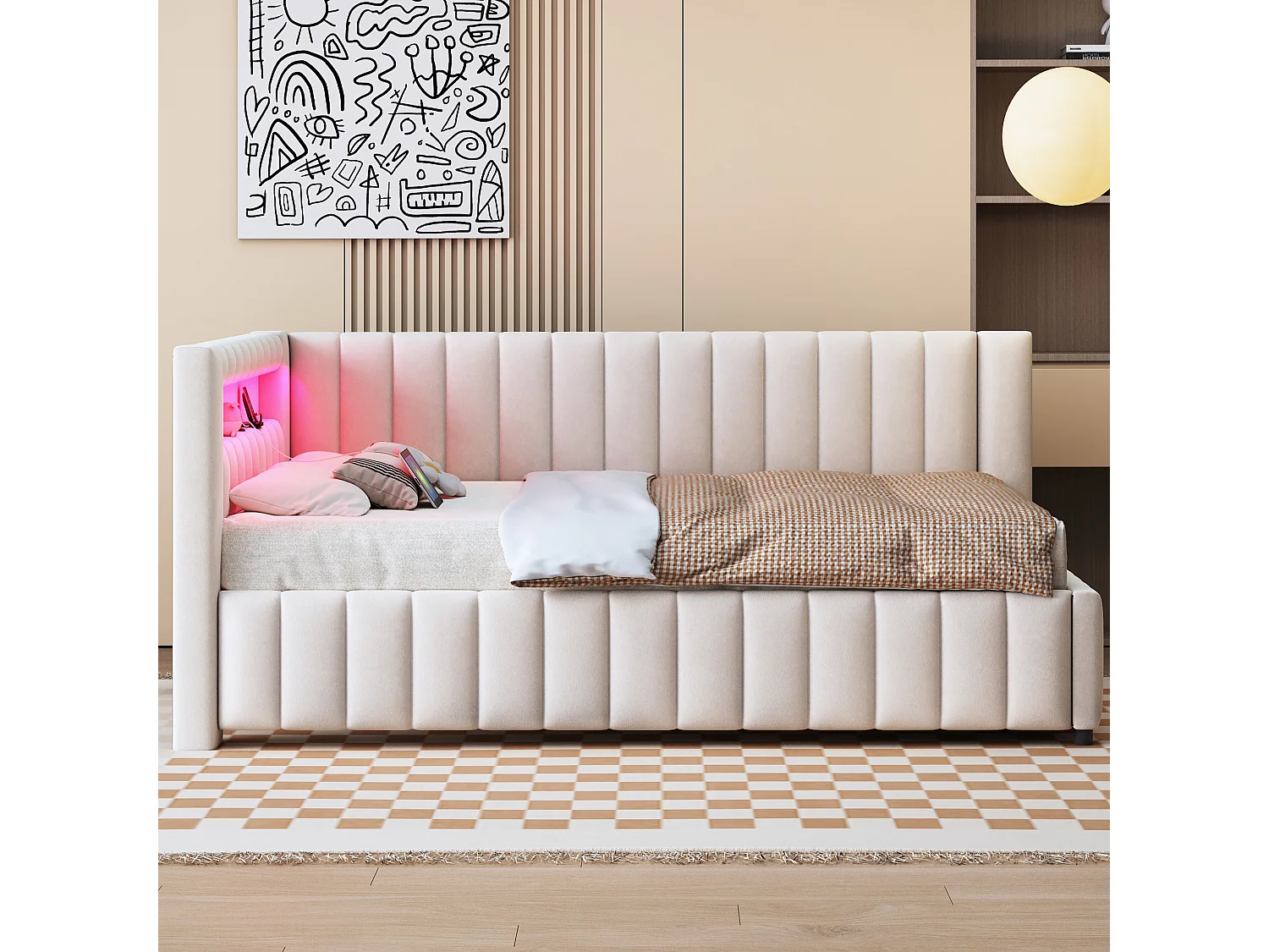 Tagesbett 140 x 200 cm – Beigefarbener Samt – Erwachsenenbett mit LED-Beleuchtung und USB-Ladeanschluss – Ohne Matratze