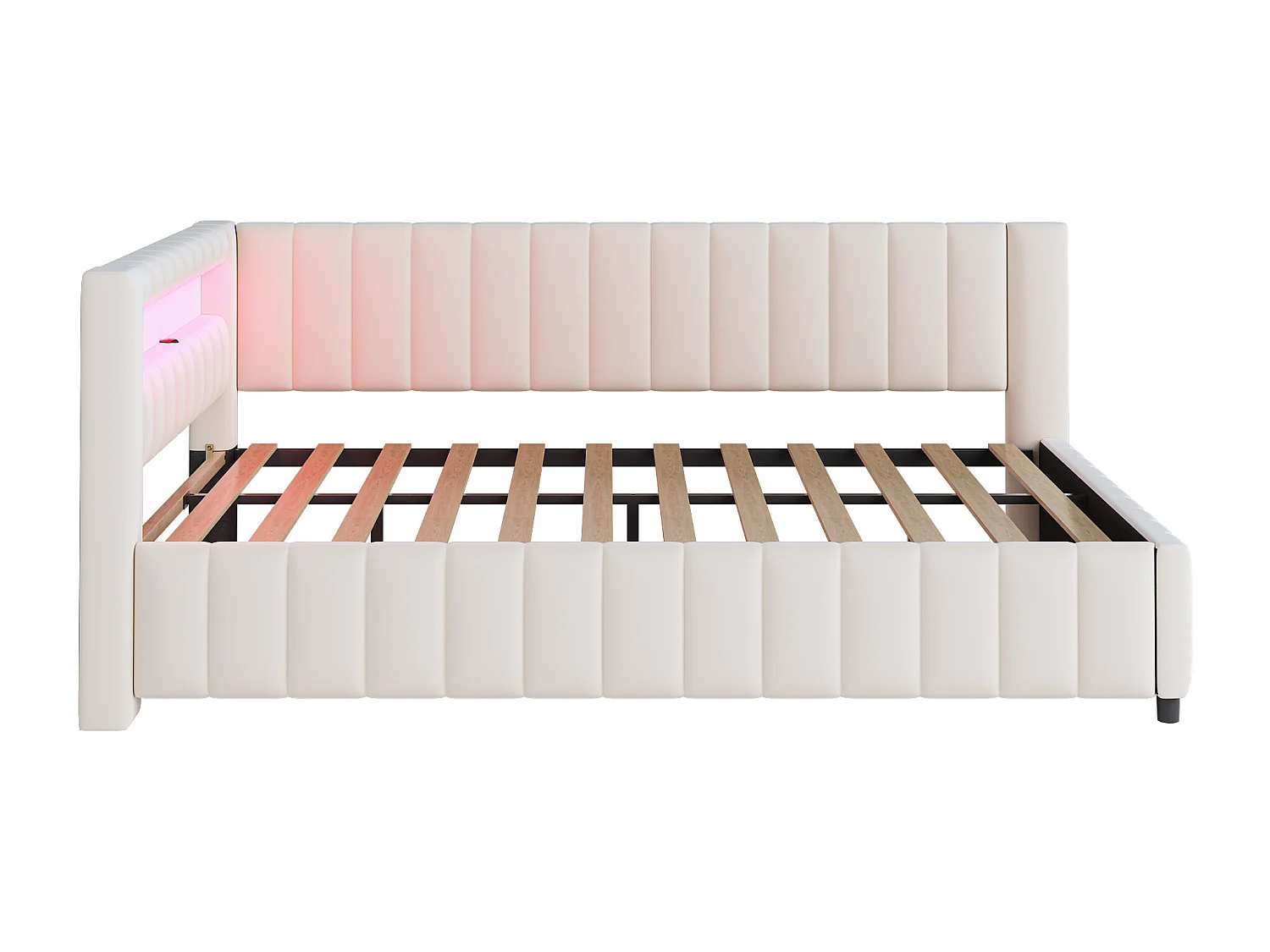 Tagesbett 140 x 200 cm – Beigefarbener Samt – Erwachsenenbett mit LED-Beleuchtung und USB-Ladeanschluss – Ohne Matratze