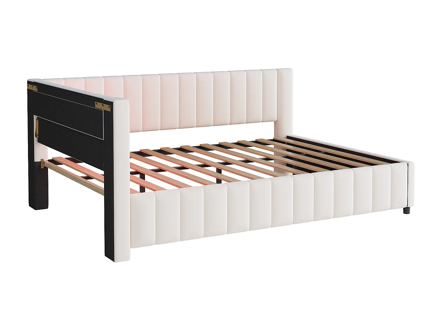 Tagesbett 140 x 200 cm – Beigefarbener Samt – Erwachsenenbett mit LED-Beleuchtung und USB-Ladeanschluss – Ohne Matratze