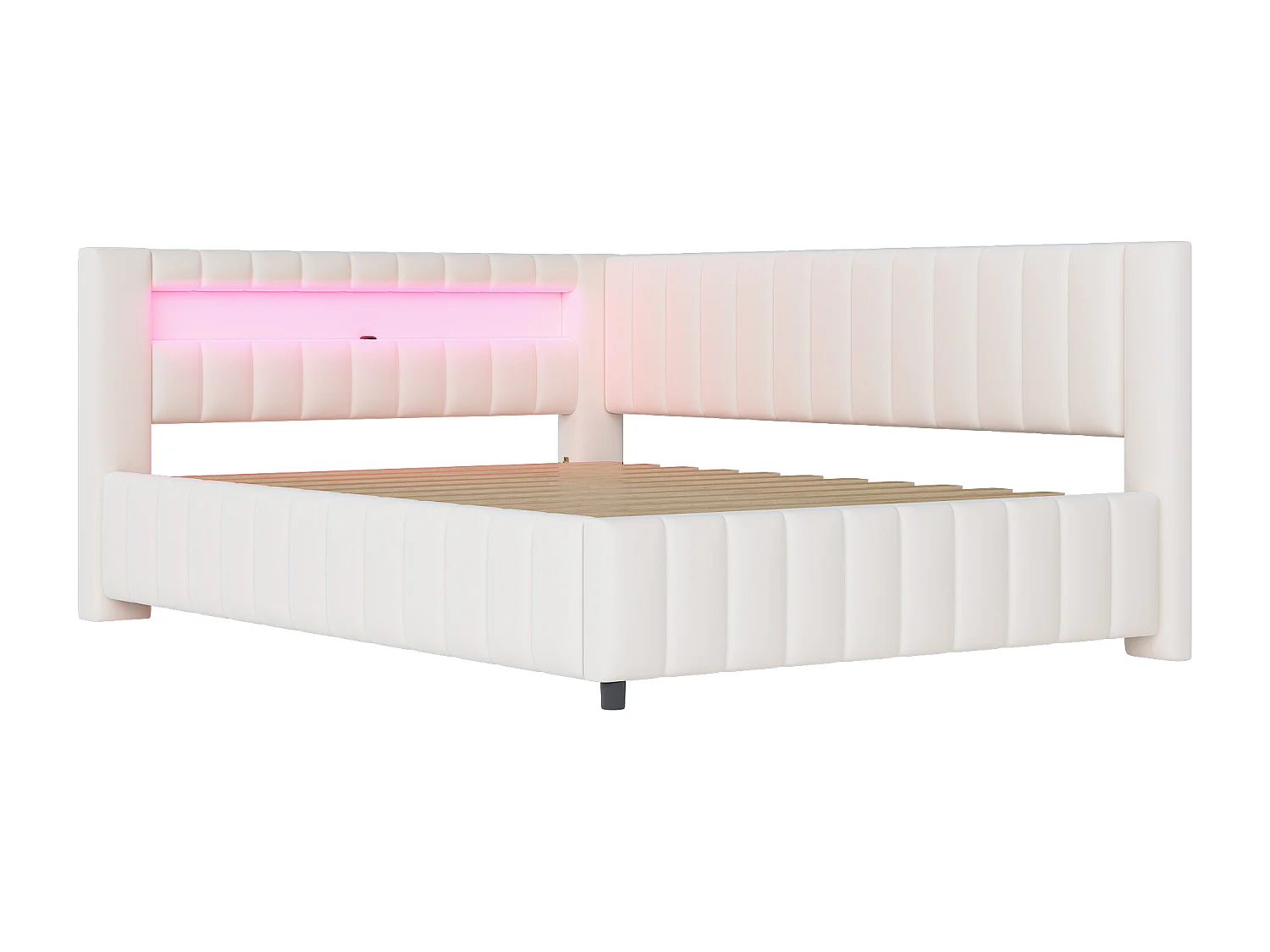 Tagesbett 140 x 200 cm – Beigefarbener Samt – Erwachsenenbett mit LED-Beleuchtung und USB-Ladeanschluss – Ohne Matratze
