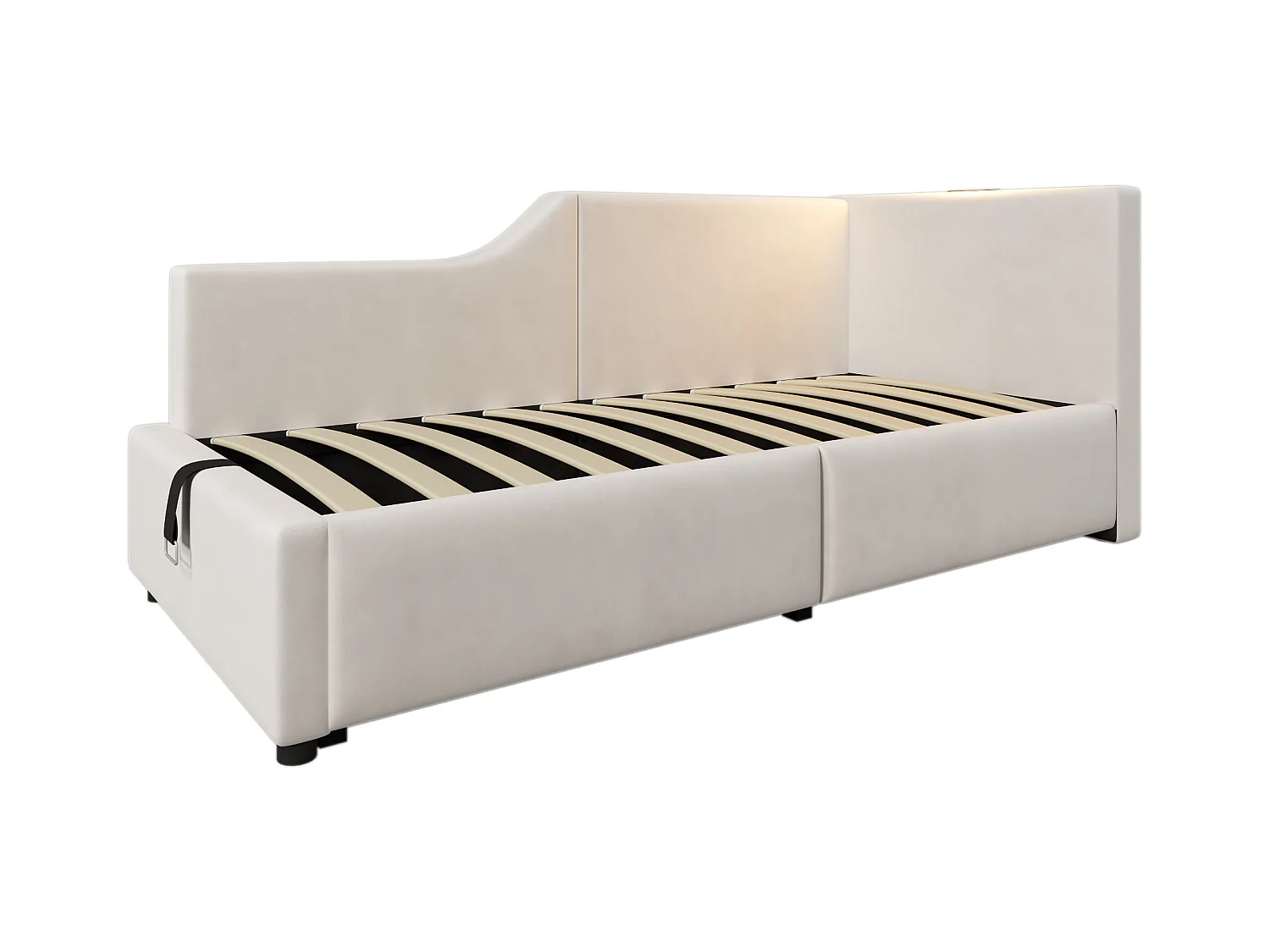 90 x 200 cm Schlafsofa, beigefarbener Samt, Bett mit Stauraum, Leselampe und USB-Ladefunktion, ohne Matratze