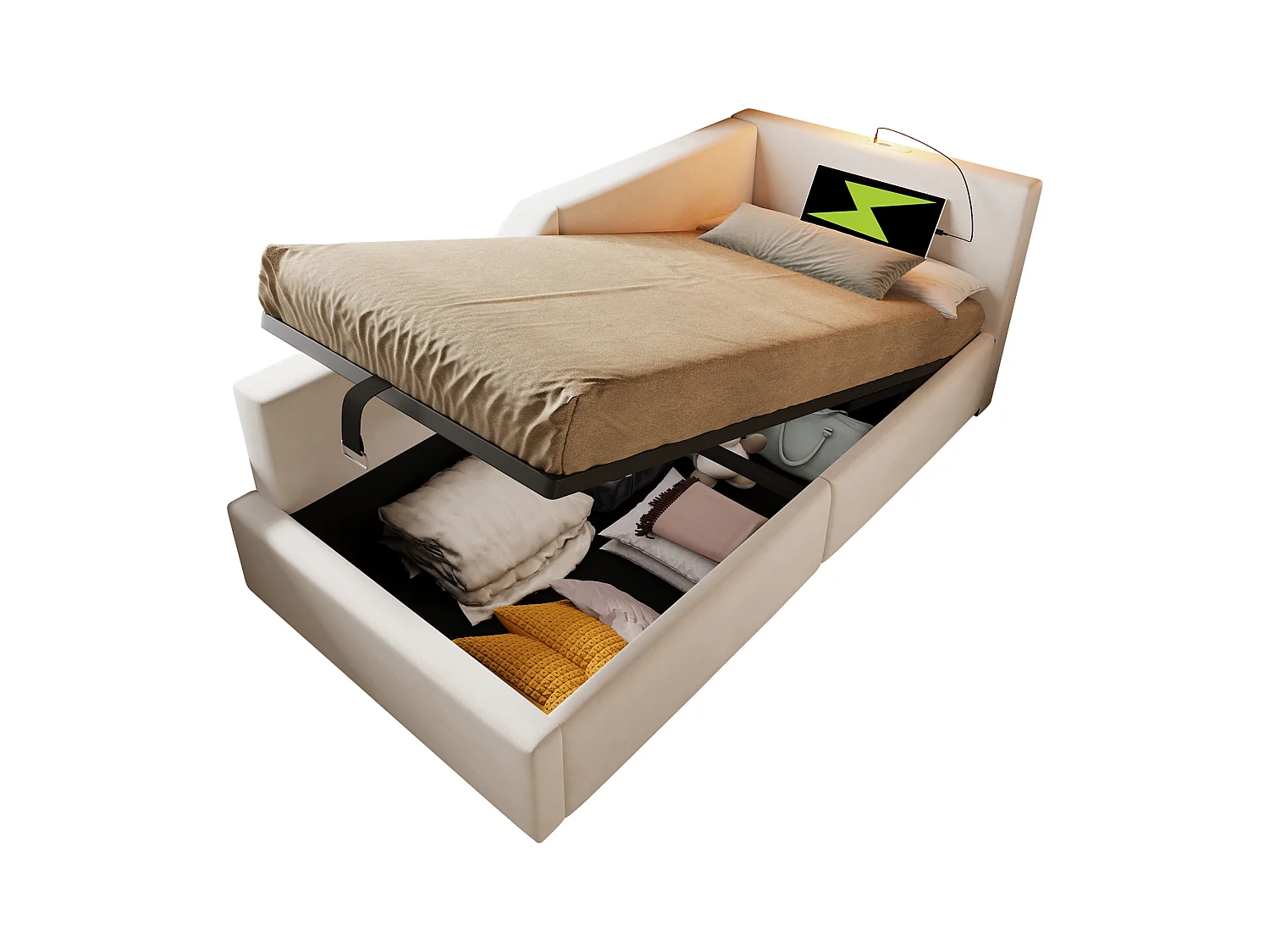 90 x 200 cm Schlafsofa, beigefarbener Samt, Bett mit Stauraum, Leselampe und USB-Ladefunktion, ohne Matratze