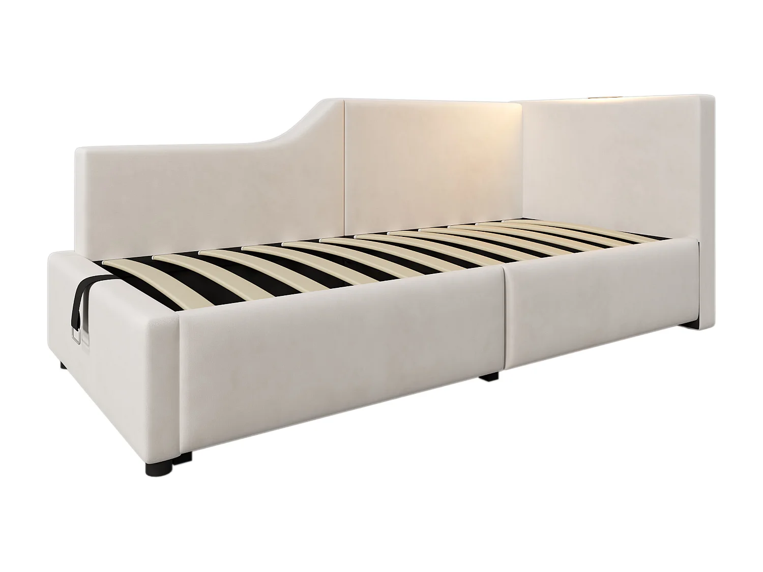 Lit banquette 90x200 cm, velours beige, Lit coffre avec liseuse et recharge USB, sans matelas