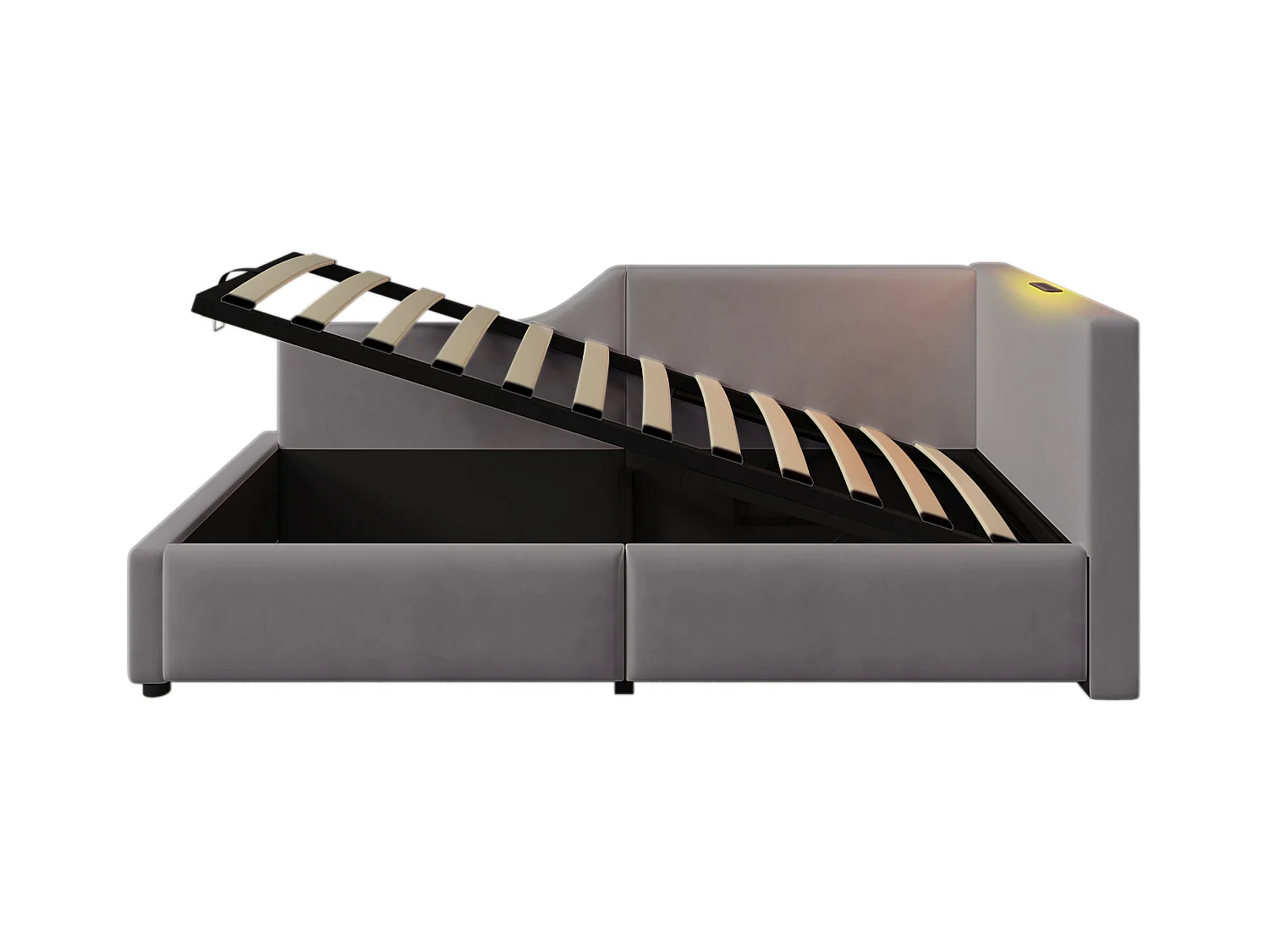 90 x 190 cm Schlafsofa, grauer Samt, Bett mit Stauraum, Leselampe und USB-Ladefunktion, ohne Matratze