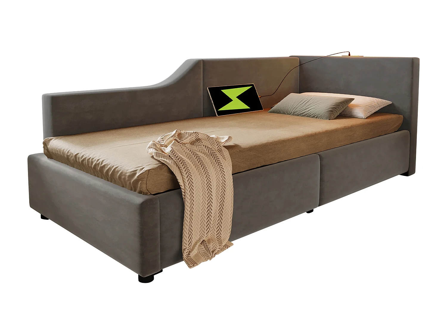 90 x 190 cm Schlafsofa, grauer Samt, Bett mit Stauraum, Leselampe und USB-Ladefunktion, ohne Matratze