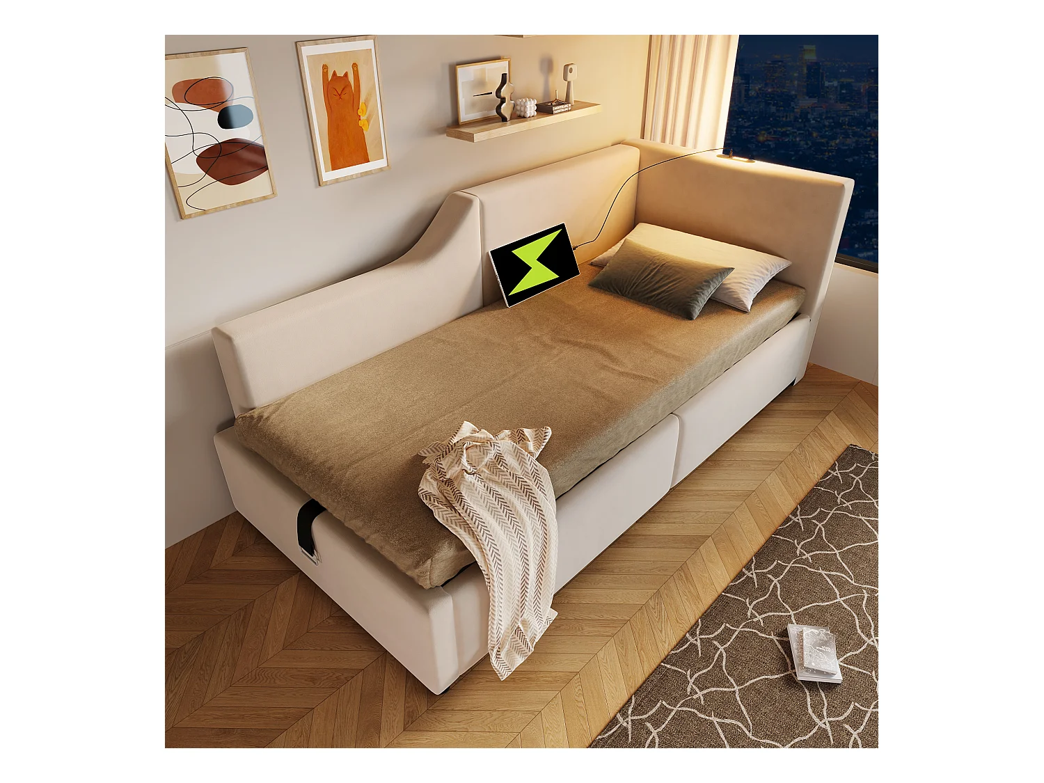 Bed met opbergruimte 90x190 cm, beige fluweel, slaapbank met leeslampje en USB-oplaadfunctie, zonder matras