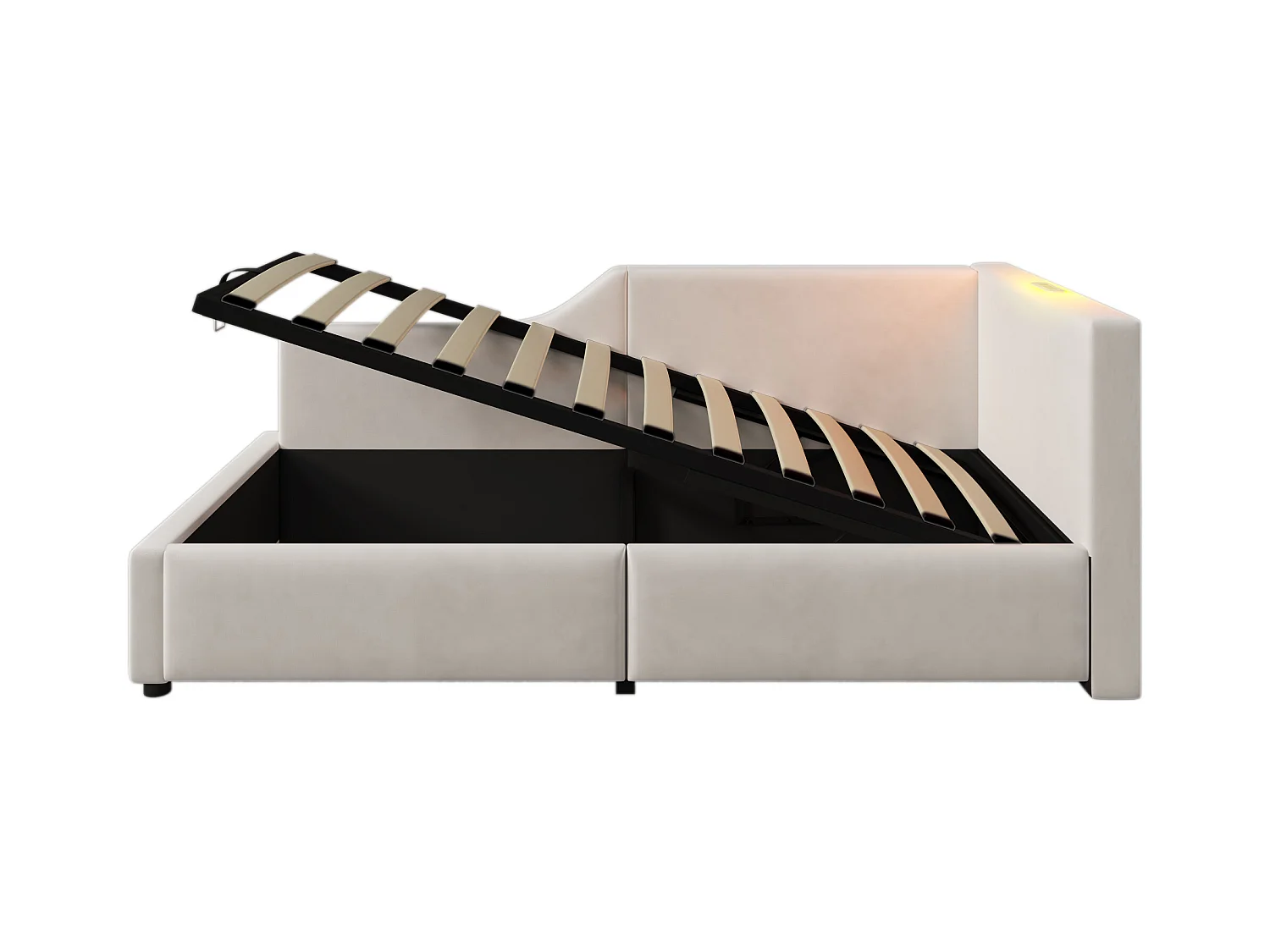 Bed met opbergruimte 90x190 cm, beige fluweel, slaapbank met leeslampje en USB-oplaadfunctie, zonder matras