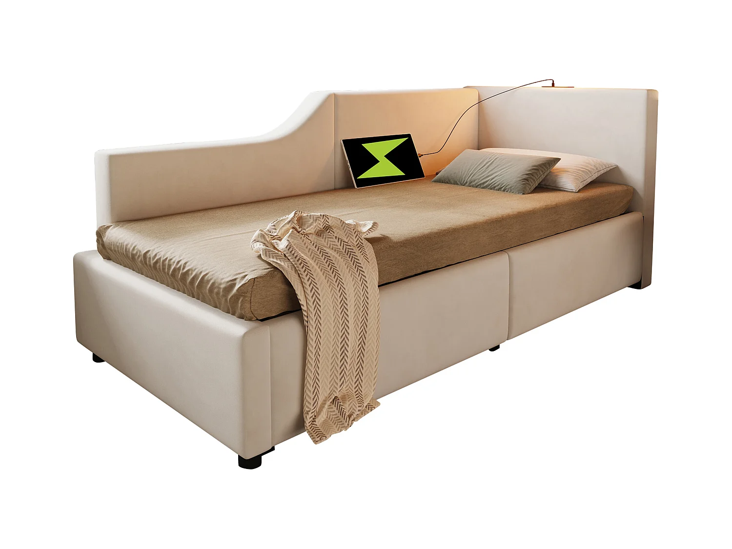 Bed met opbergruimte 90x190 cm, beige fluweel, slaapbank met leeslampje en USB-oplaadfunctie, zonder matras