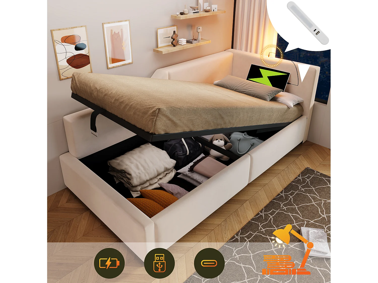 Lit banquette 90x190 cm, velours beige, Lit coffre avec liseuse et recharge USB, sans matelas