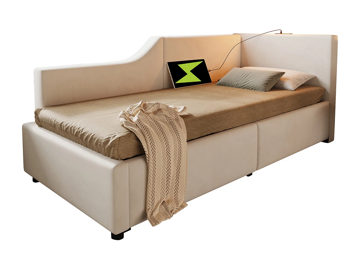 Lit banquette 90x190 cm, velours beige, Lit coffre avec liseuse et recharge USB, sans matelas
