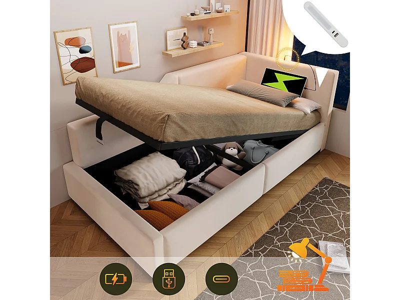 Bed met opbergruimte 90x190 cm, beige fluweel, slaapbank met leeslampje en USB-oplaadfunctie, zonder matras
