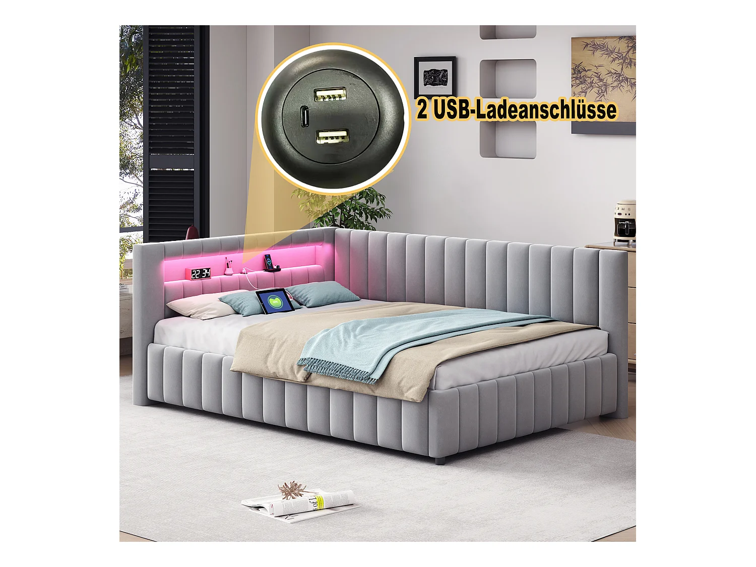 Lit banquette 140x200 cm - velours gris - Lit adulte avec éclairage LED et port de charge USB - sans matelas