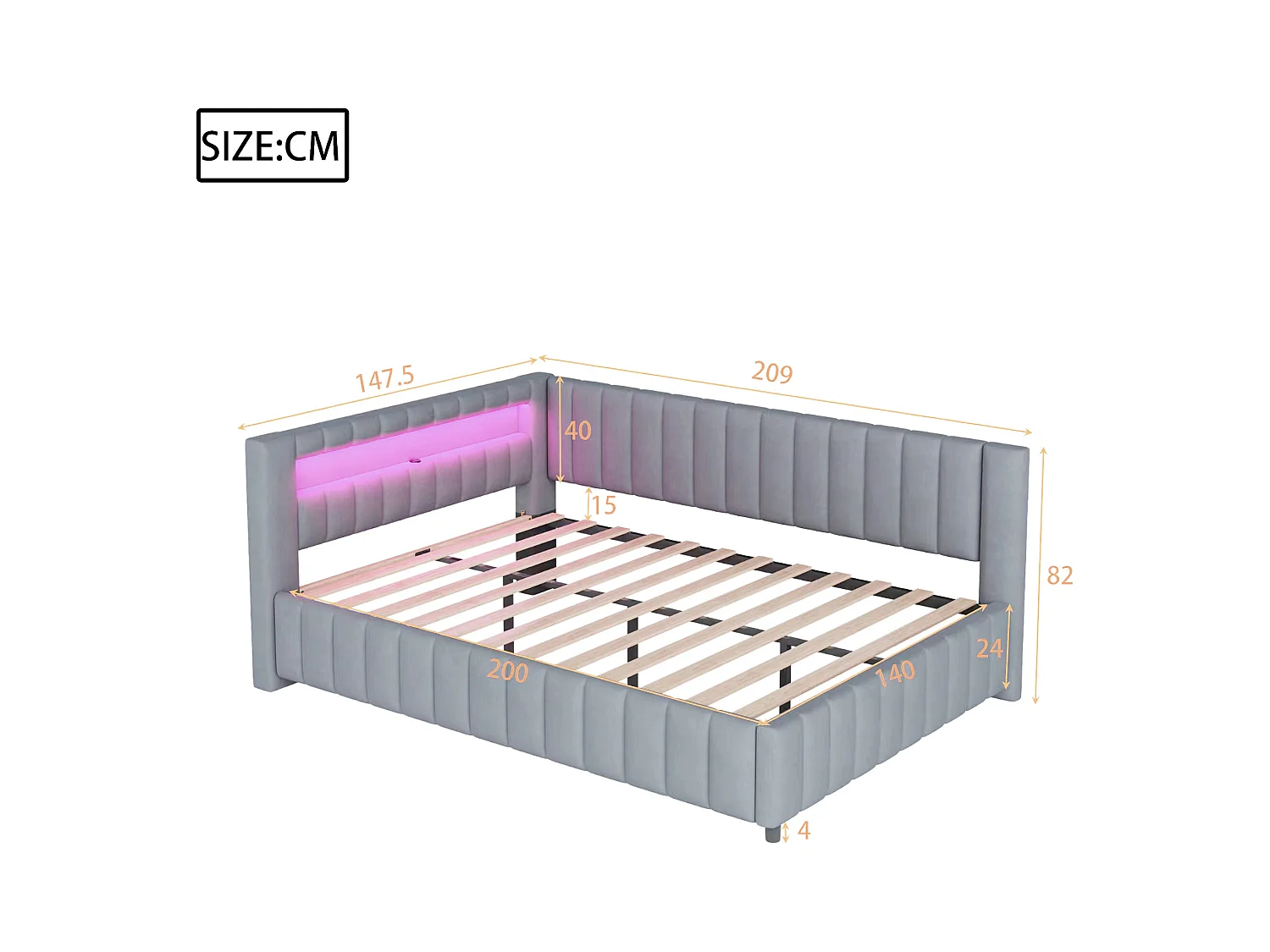 Lit banquette 140x200 cm - velours gris - Lit adulte avec éclairage LED et port de charge USB - sans matelas