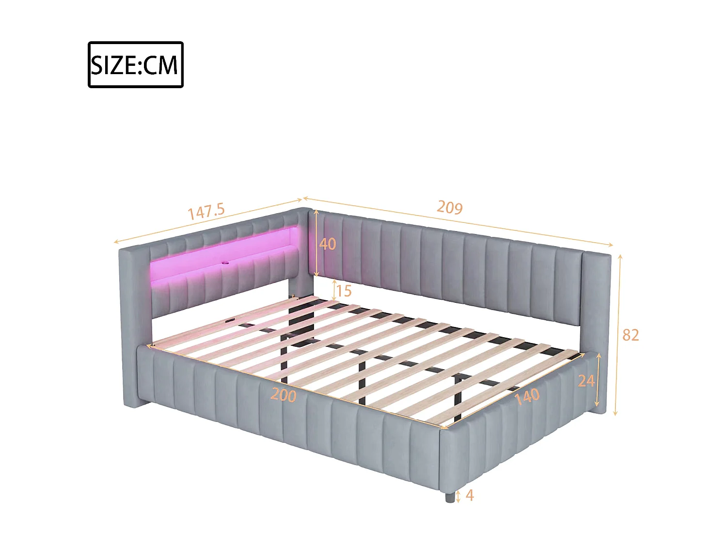 Daybed 140x200 cm - Grijs fluweel - Volwassen bed met ledverlichting en USB-oplaadpoort - Zonder matras