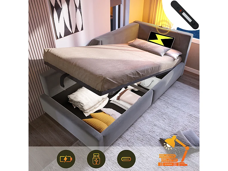 Łóżko ze schowkiem 90x200 cm, szary aksamit, sofa rozkładana z lampką do czytania i funkcją ładowania przez USB, bez materaca