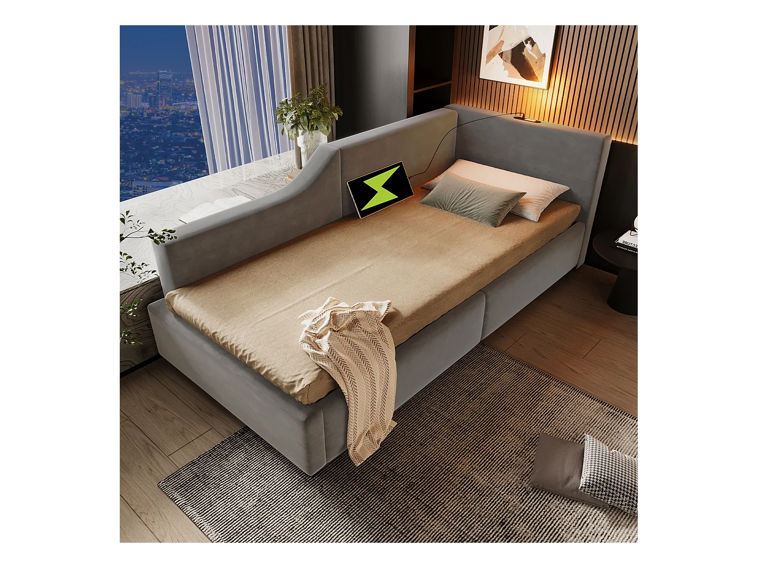 Bed met opbergruimte 90x200 cm, grijs fluweel, slaapbank met leeslampje en USB-oplaadfunctie, zonder matras