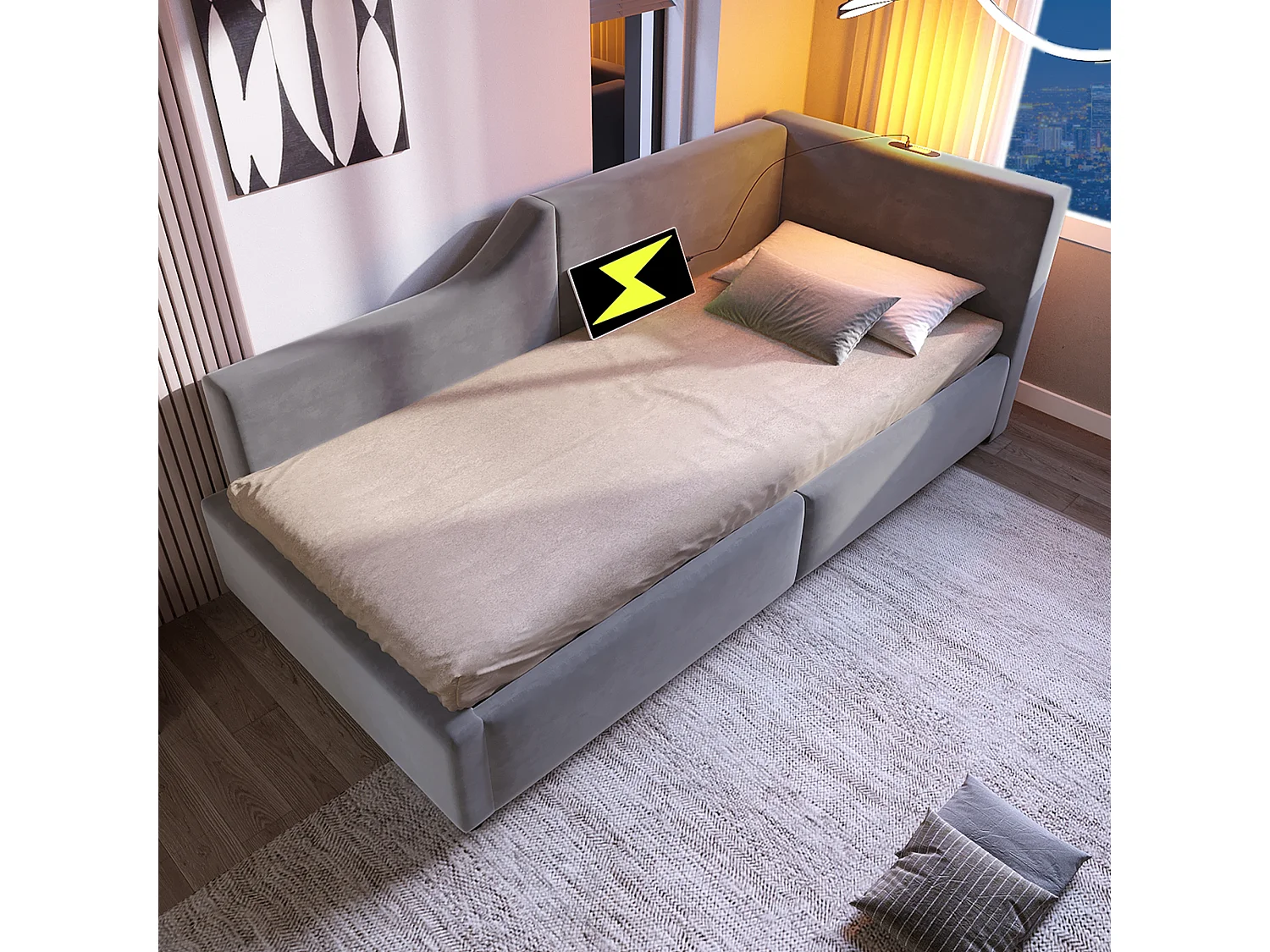 Lit banquette 90x200 cm, velours gris, Lit coffre avec liseuse et recharge USB, sans matelas