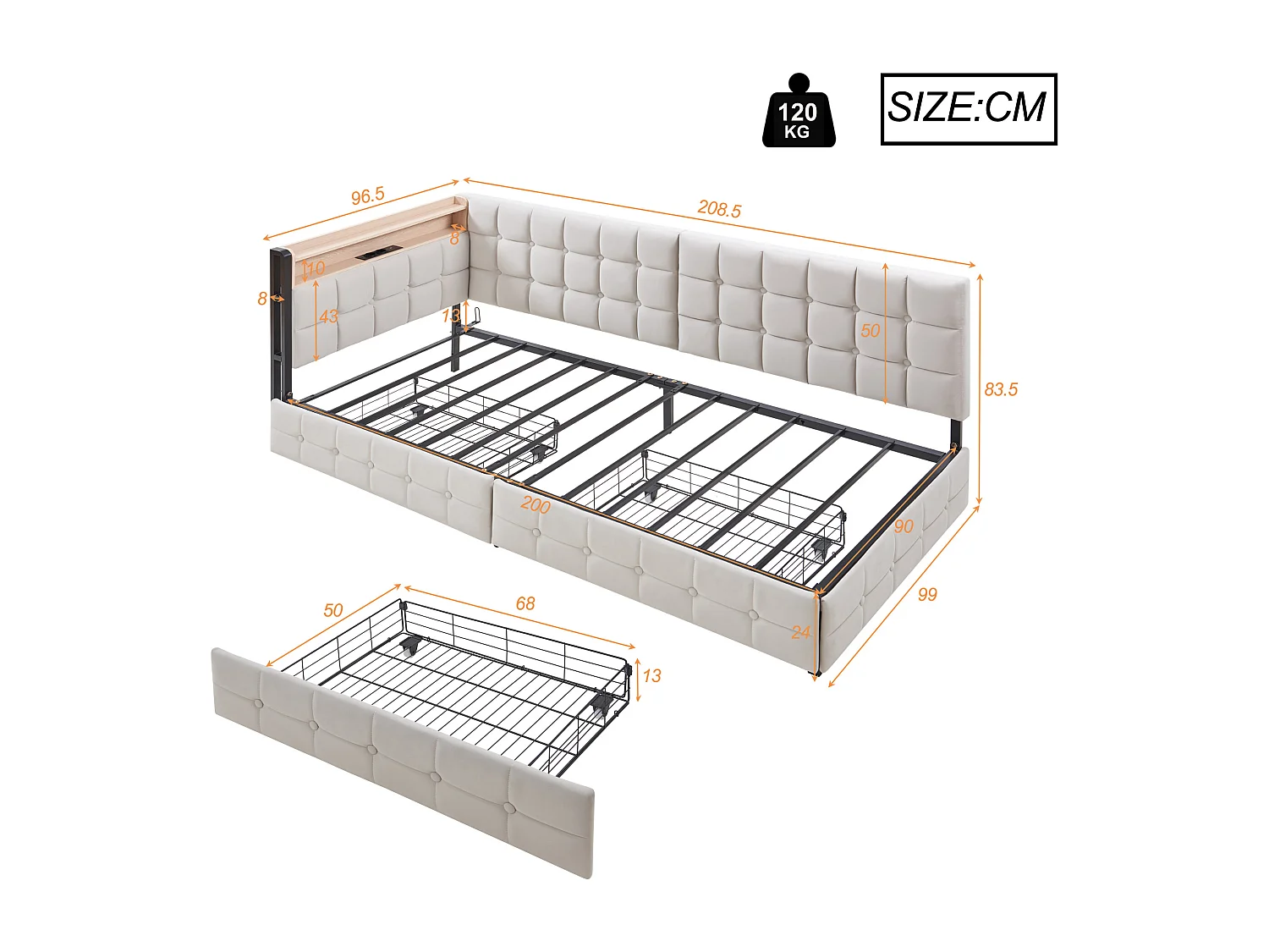 slaapbank 90x200 cm  - beige fluweel - Volwassen bed met USB-oplader en led-lampje - 2 lades - zonder matras