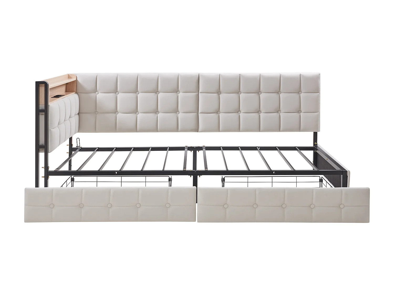 slaapbank 90x200 cm  - beige fluweel - Volwassen bed met USB-oplader en led-lampje - 2 lades - zonder matras