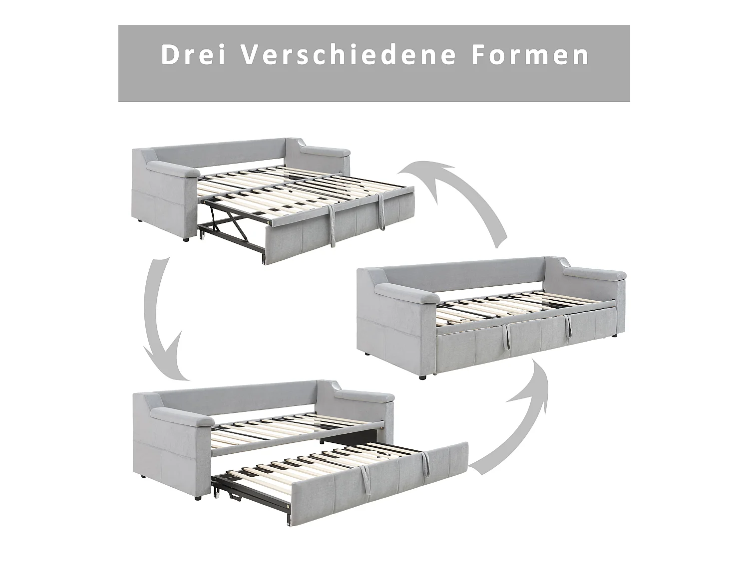 Daybed 90/180x190 cm - Lichtgrijs fluweel - Volwassen bed met Bluetooth-audiosysteem en USB-oplader - Zonder matras