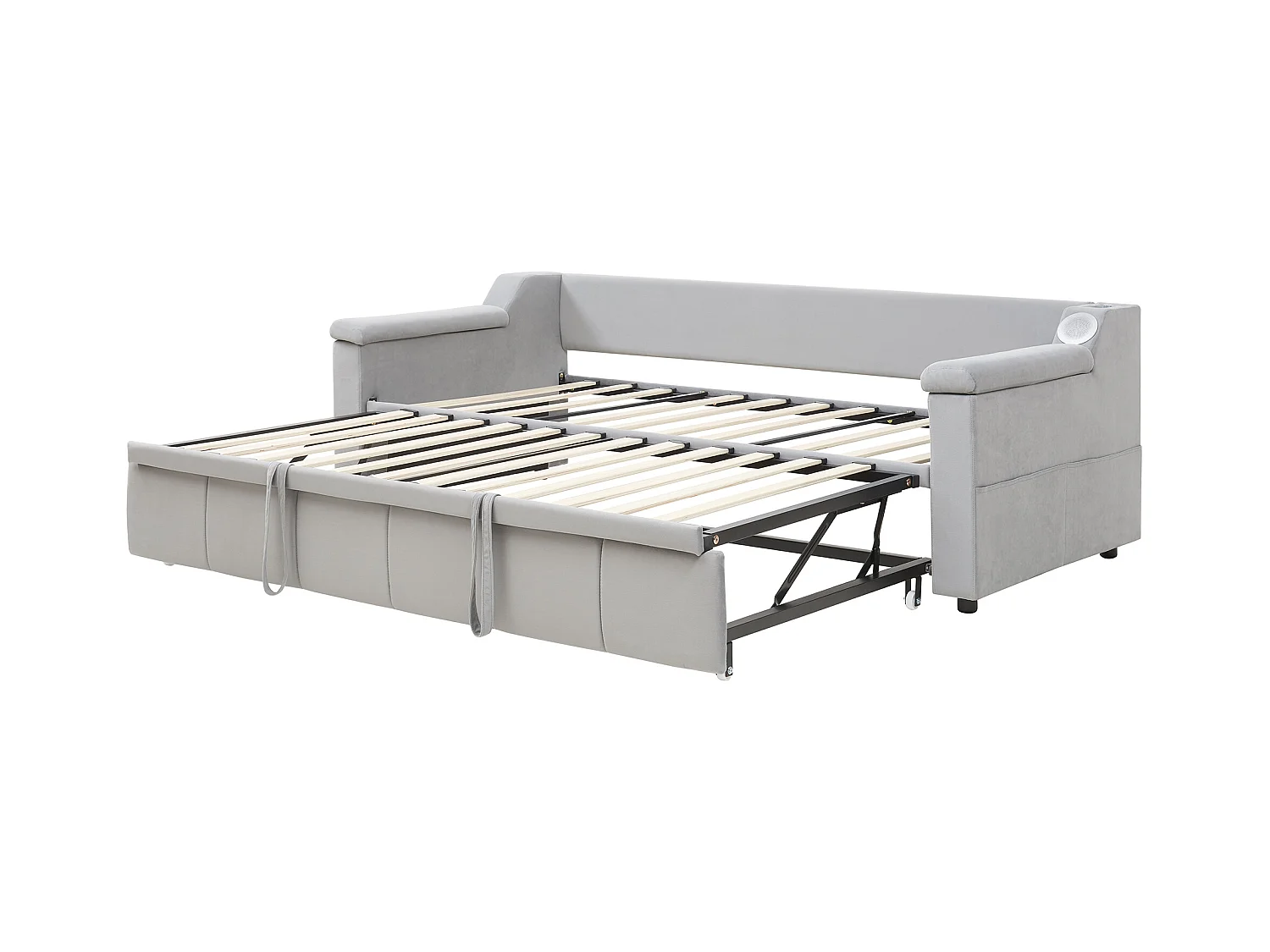 Daybed 90/180x190 cm - Lichtgrijs fluweel - Volwassen bed met Bluetooth-audiosysteem en USB-oplader - Zonder matras