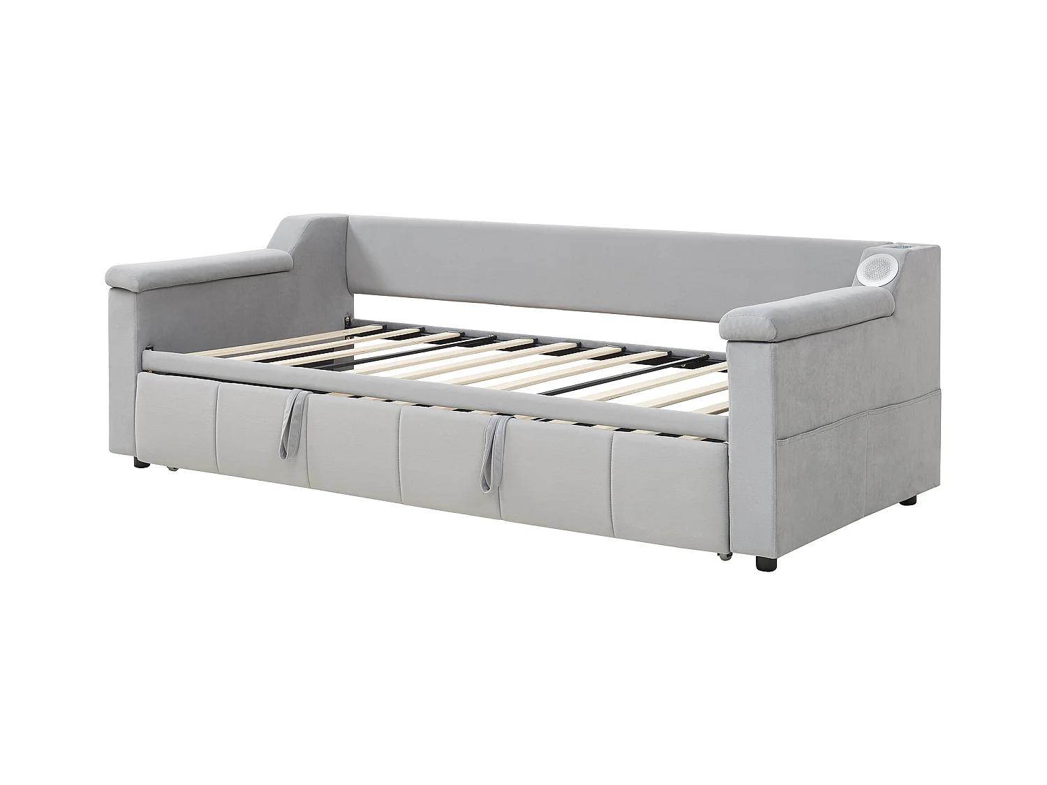 Daybed 90/180x190 cm - Lichtgrijs fluweel - Volwassen bed met Bluetooth-audiosysteem en USB-oplader - Zonder matras