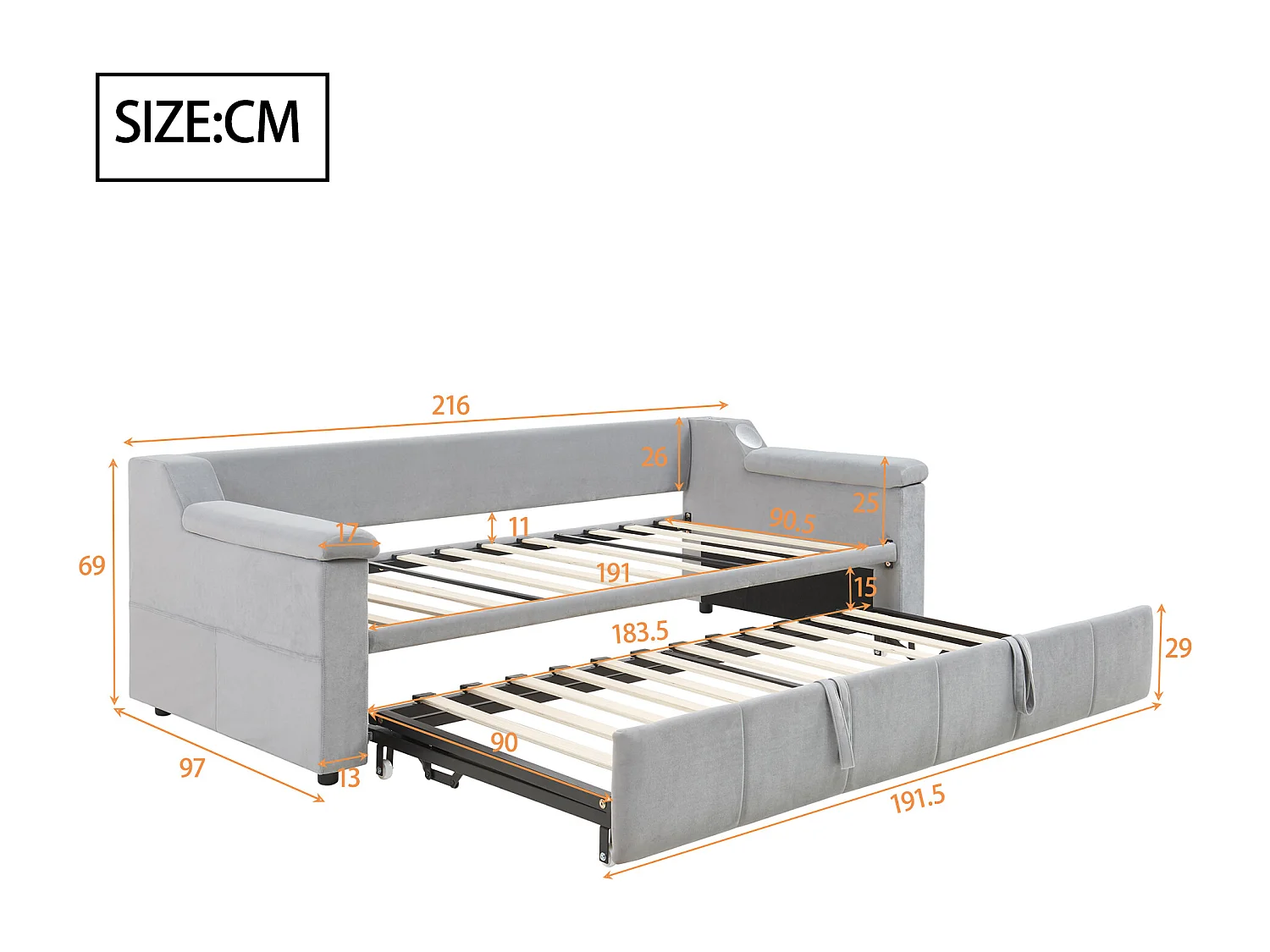 Lit banquette 90/180x190 cm - velours gris clair - Lit adulte avec système audio Bluetooth et recharge USB - sans matelas