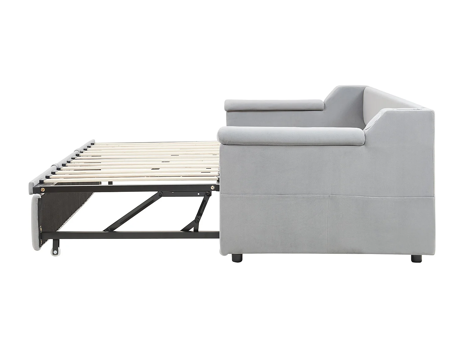 Lit banquette 90/180x190 cm - velours gris clair - Lit adulte avec système audio Bluetooth et recharge USB - sans matelas