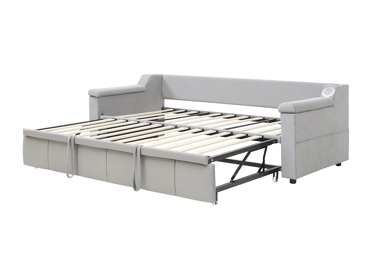Lit banquette 90/180x190 cm - velours gris clair - Lit adulte avec système audio Bluetooth et recharge USB - sans matelas