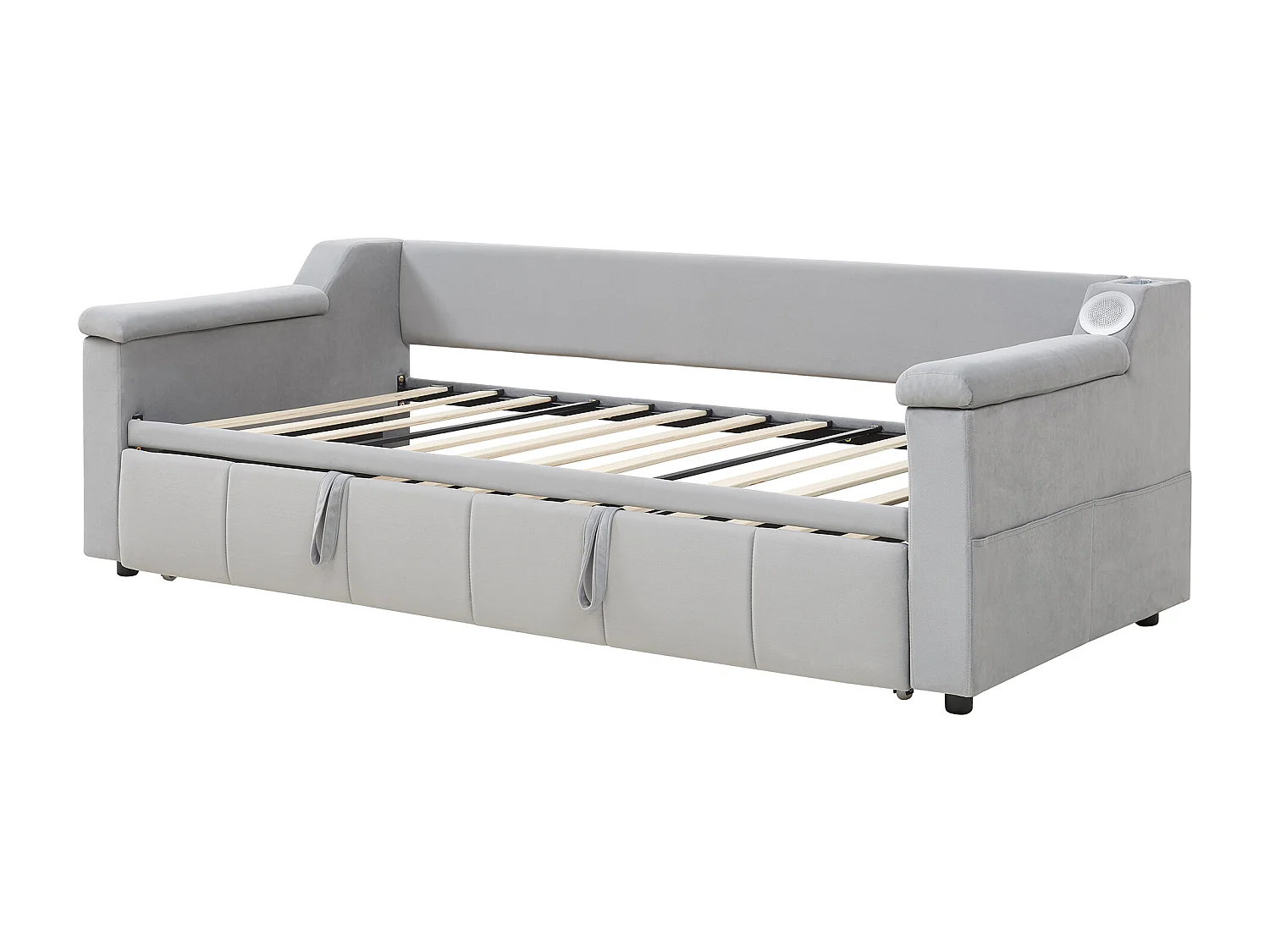 Lit banquette 90/180x190 cm - velours gris clair - Lit adulte avec système audio Bluetooth et recharge USB - sans matelas