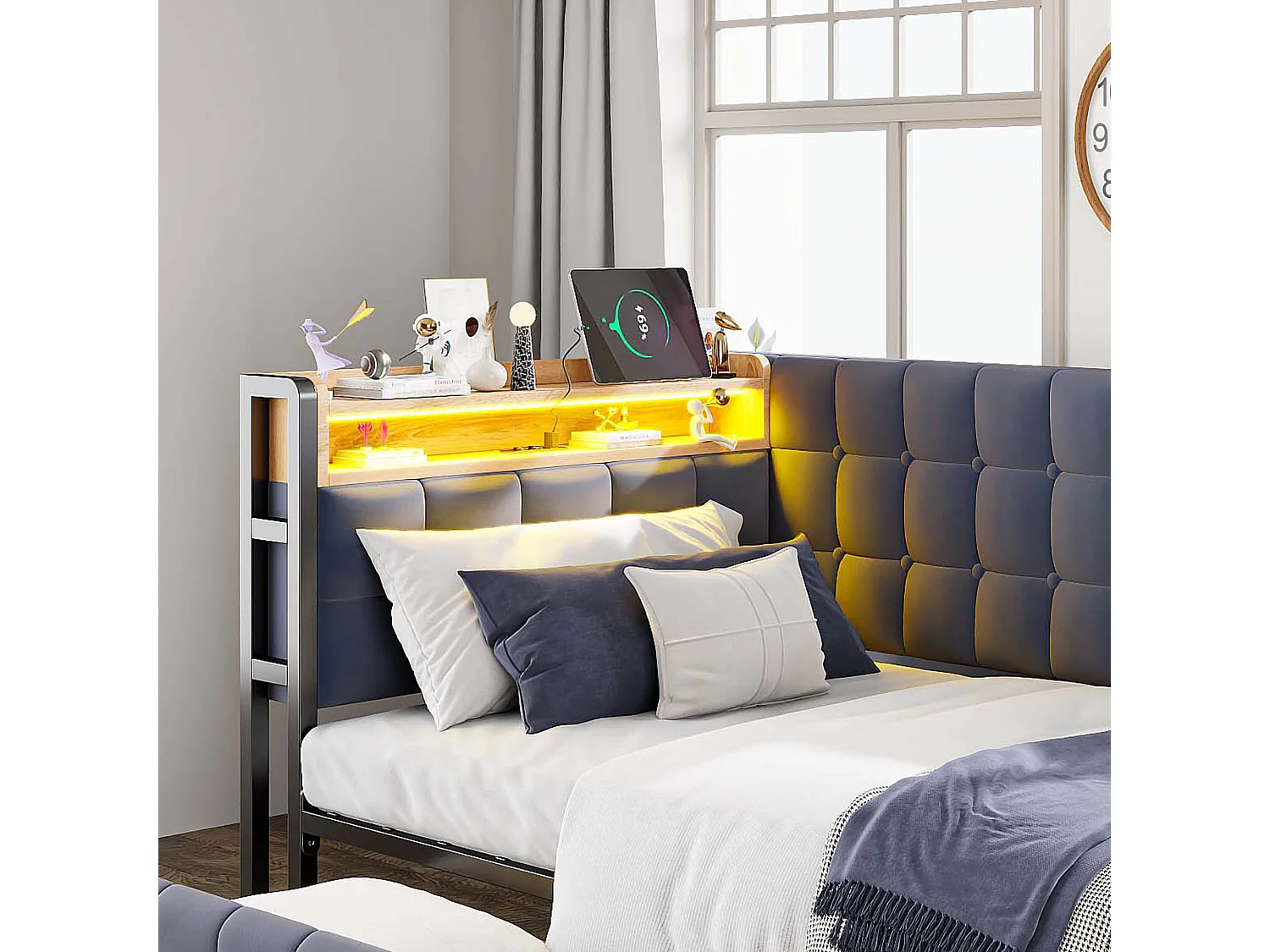 Lit banquette 90x200 cm - velours gris foncé - Lit adulte avec chargement USB et LED - 2 tiroirs - sans matelas