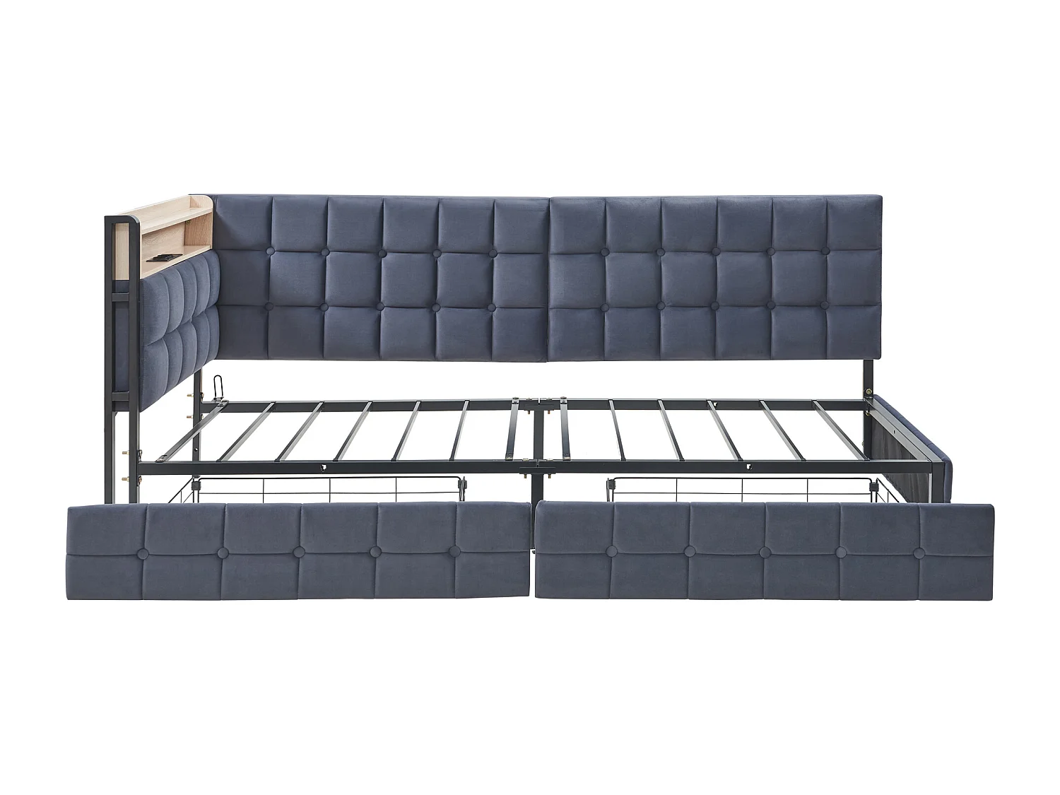 Lit banquette 90x200 cm - velours gris foncé - Lit adulte avec chargement USB et LED - 2 tiroirs - sans matelas