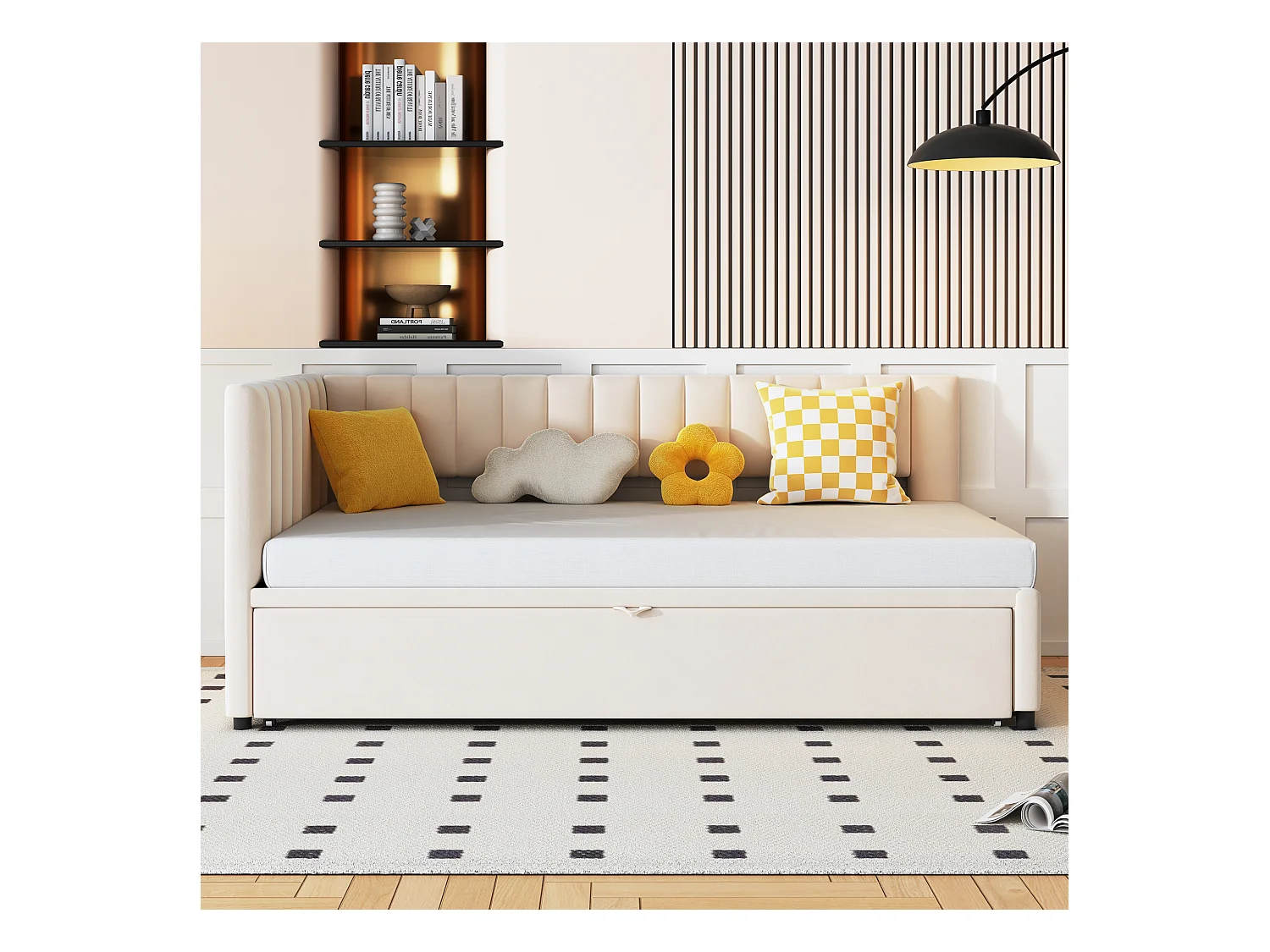 Lit banquette 90/180x200 cm - velours beige - Lit enfant avec dossier rembourré et sommier à lattes - sans matelas