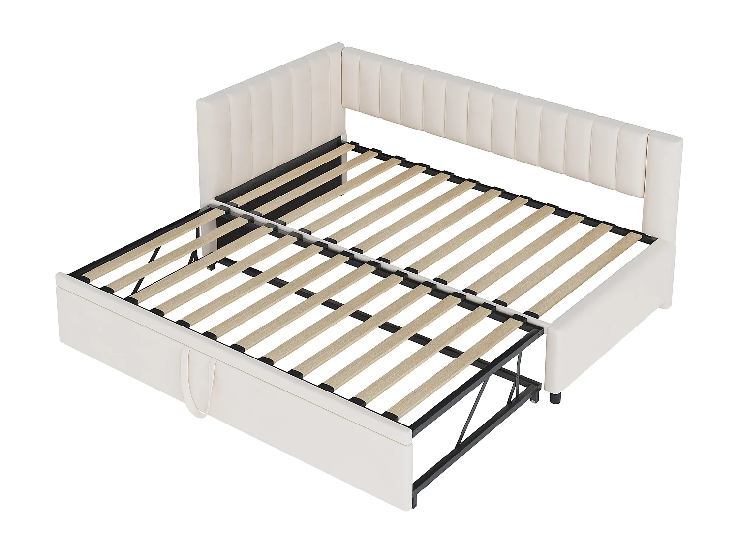 Tagesbett 90/180 x 200 cm – beigefarbener Samt – Kinderbett mit gepolsterter Rückenlehne und Lattenrost – ohne Matratze