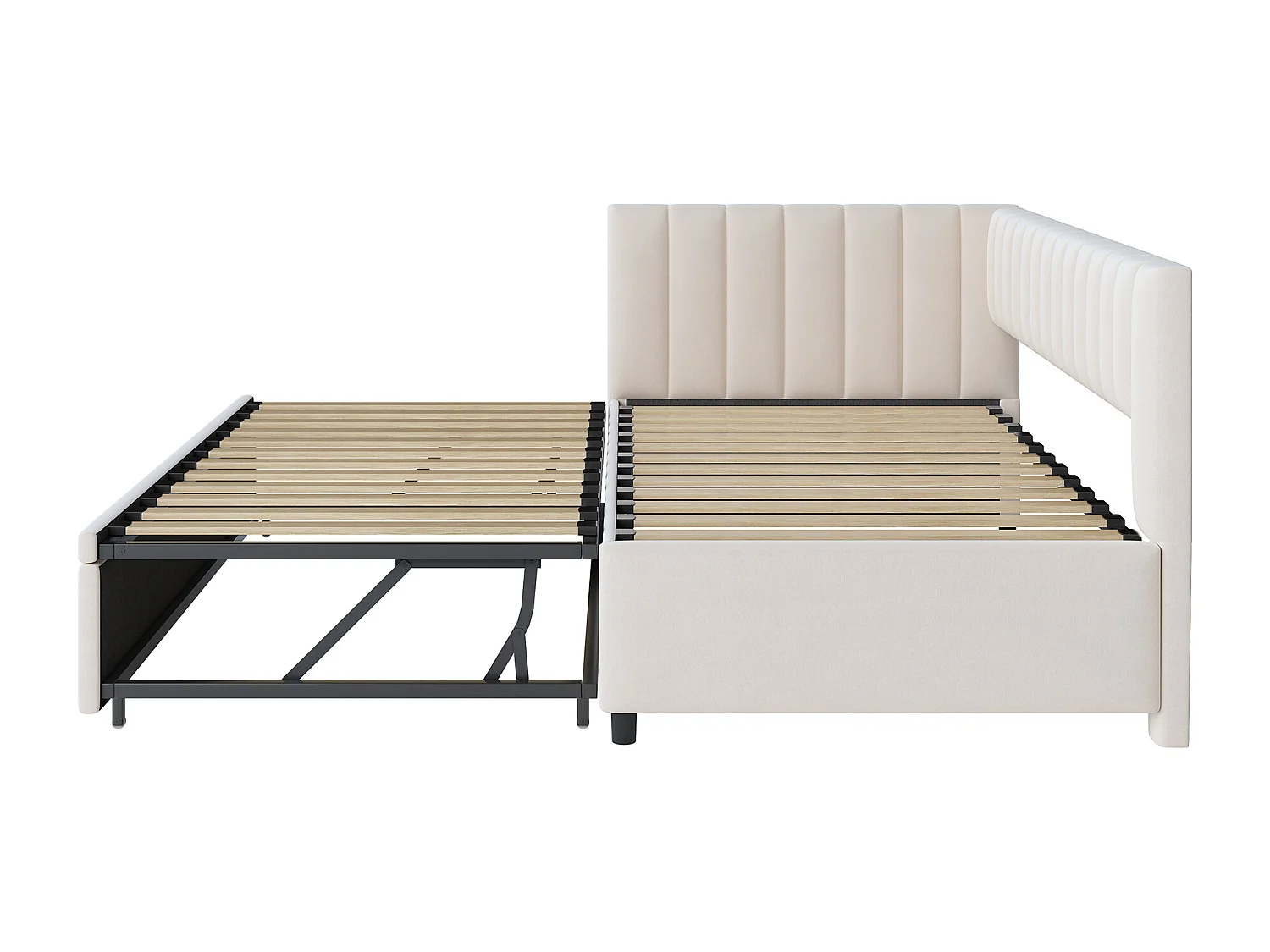 Tagesbett 90/180 x 200 cm – beigefarbener Samt – Kinderbett mit gepolsterter Rückenlehne und Lattenrost – ohne Matratze