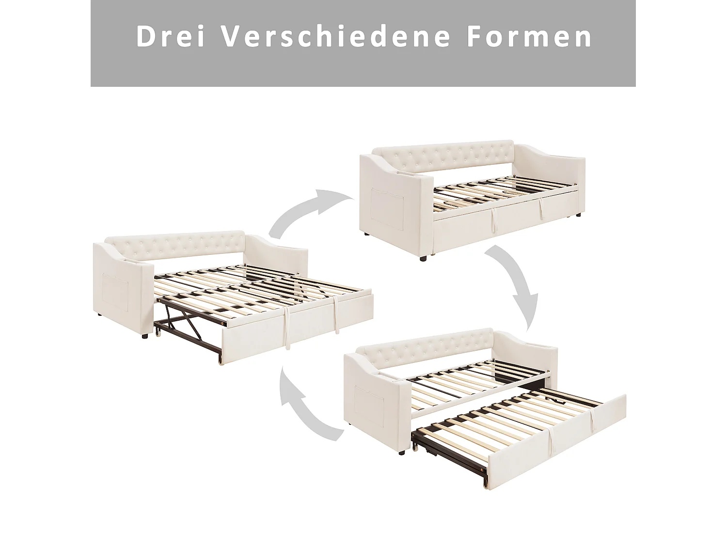 Tagesbett 90/180 x 190 cm – Beigefarbener Samt – Erwachsenenbett mit USB-Ladefunktion – Lattenrost – Ohne Matratze