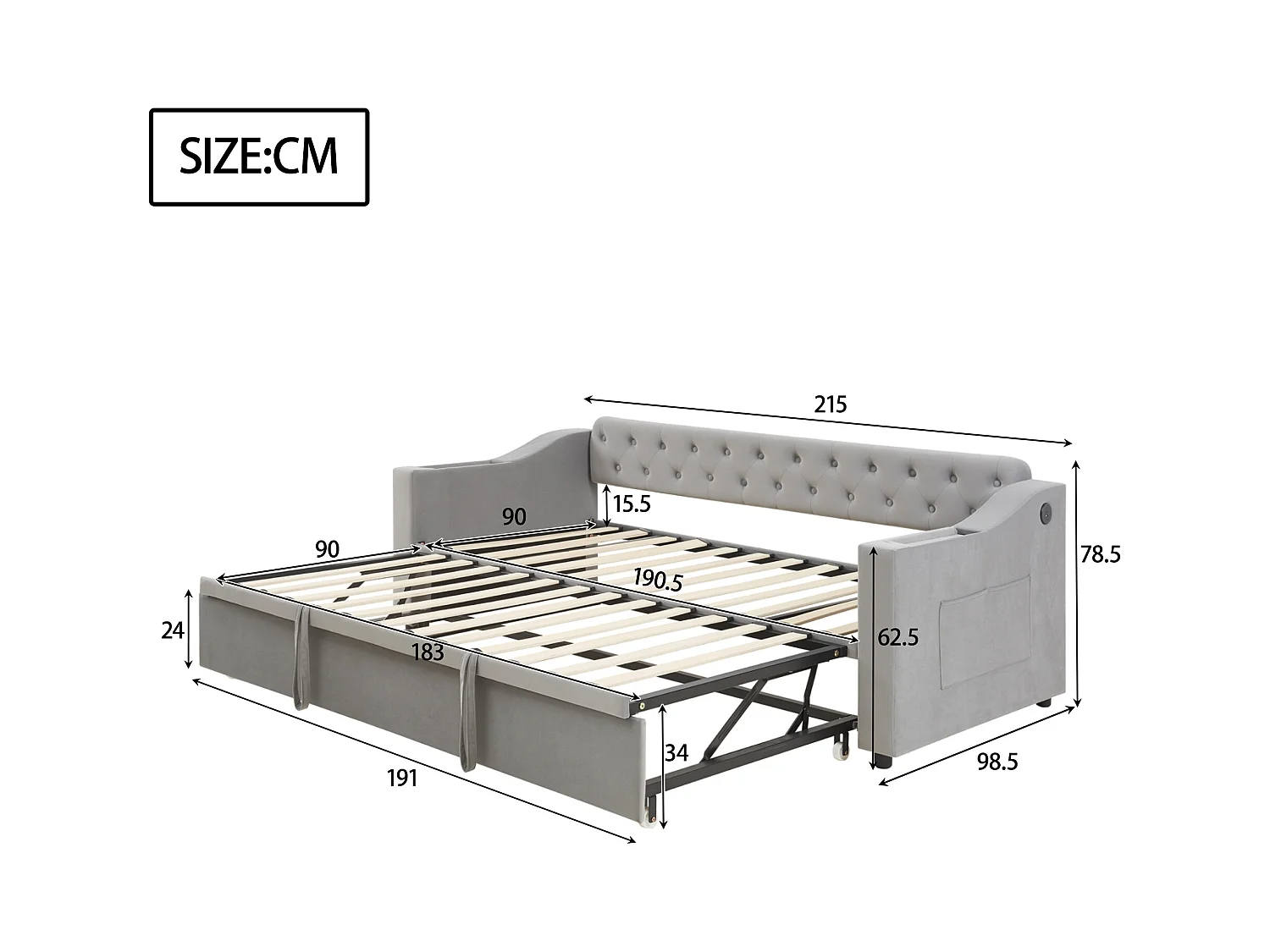 Lit banquette 90/180 x 190 cm - velours gris - Lit adulte avec fonction de charge USB - sommier à lattes - sans matelas