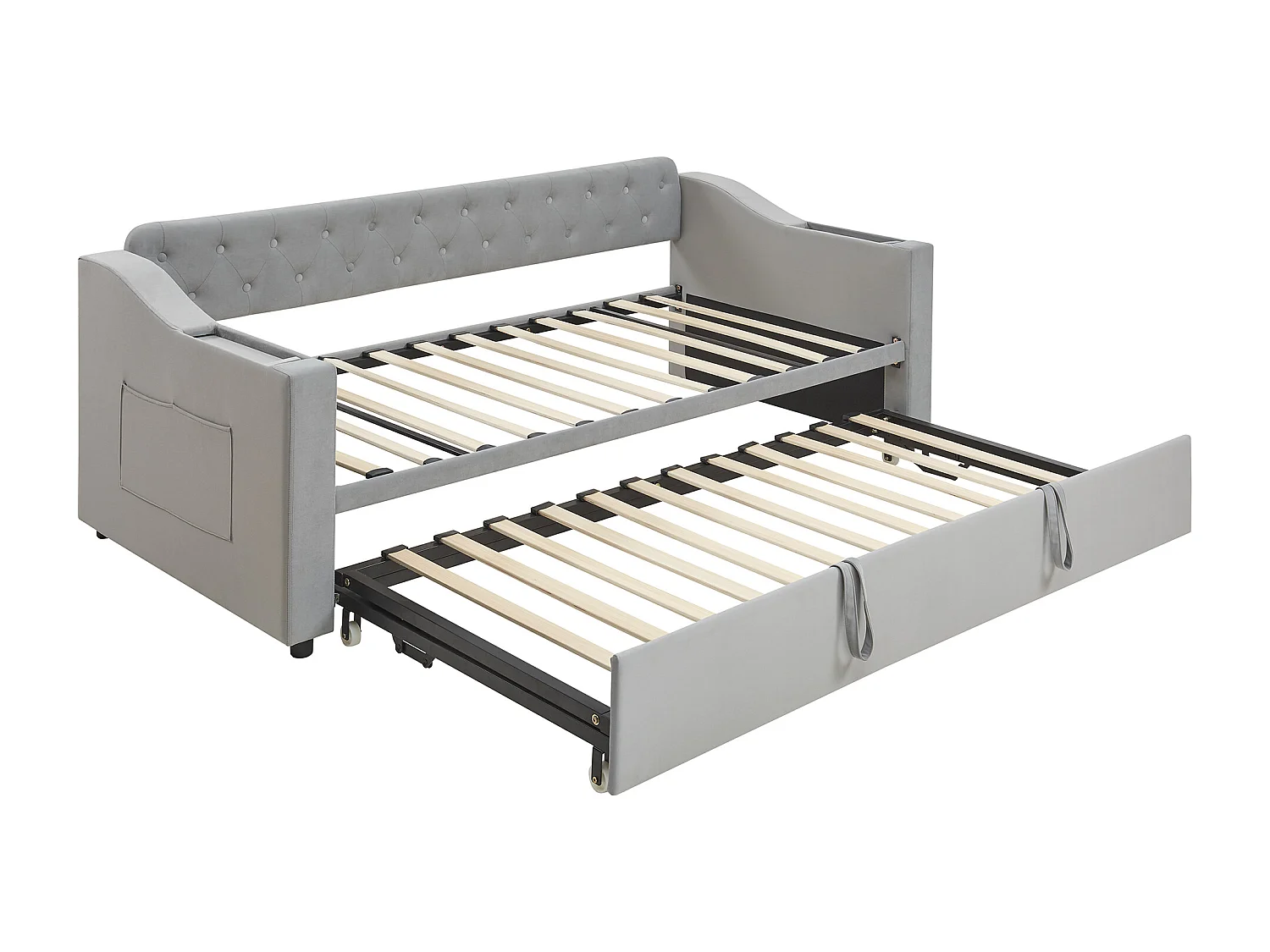 Tagesbett 90/180 x 190 cm – Grauer Samt – Erwachsenenbett mit USB-Ladefunktion – Lattenrost – Ohne Matratze