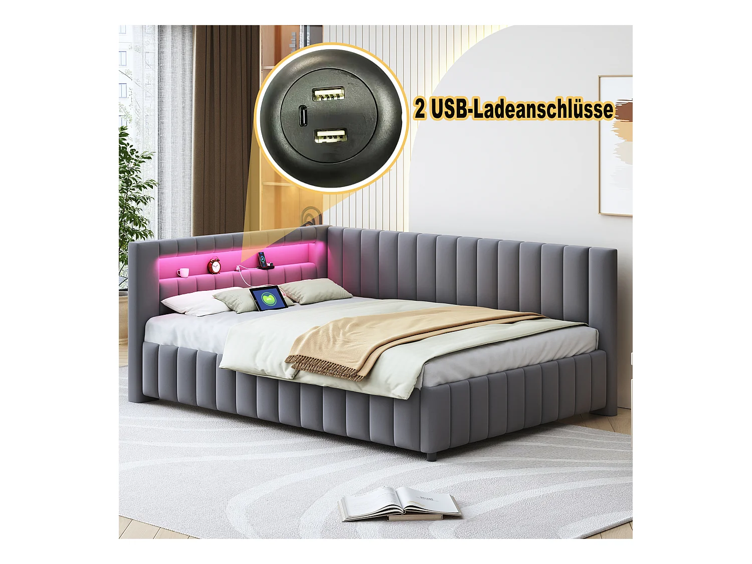 Cama de día 140x200 cm - Terciopelo gris oscuro - Cama para adultos con luces LED y puerto de carga USB - Sin colchón