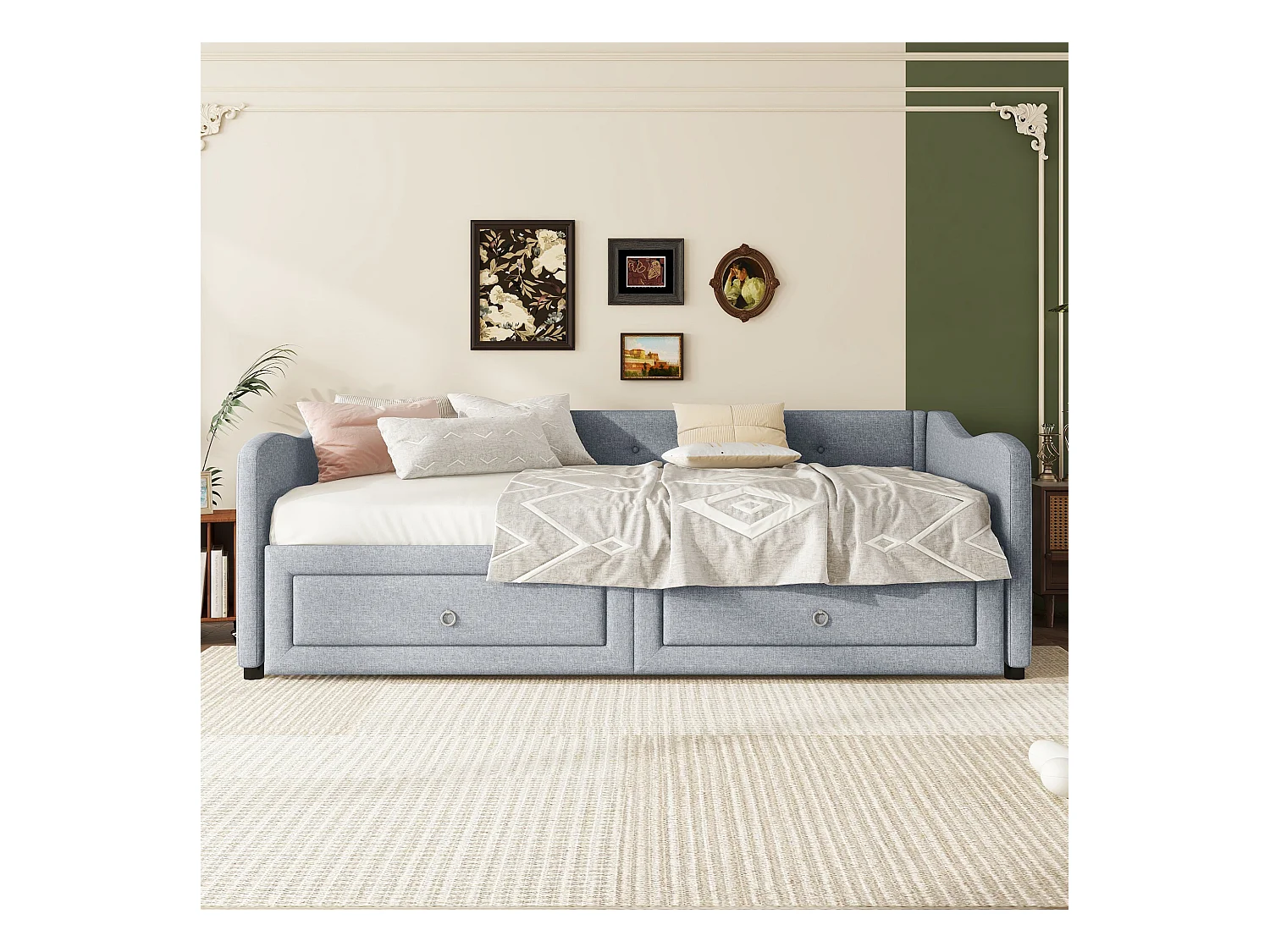 Sofá cama de 90 x 200 cm, lino gris, cama nido con dos cajones y somier de láminas, sin colchón