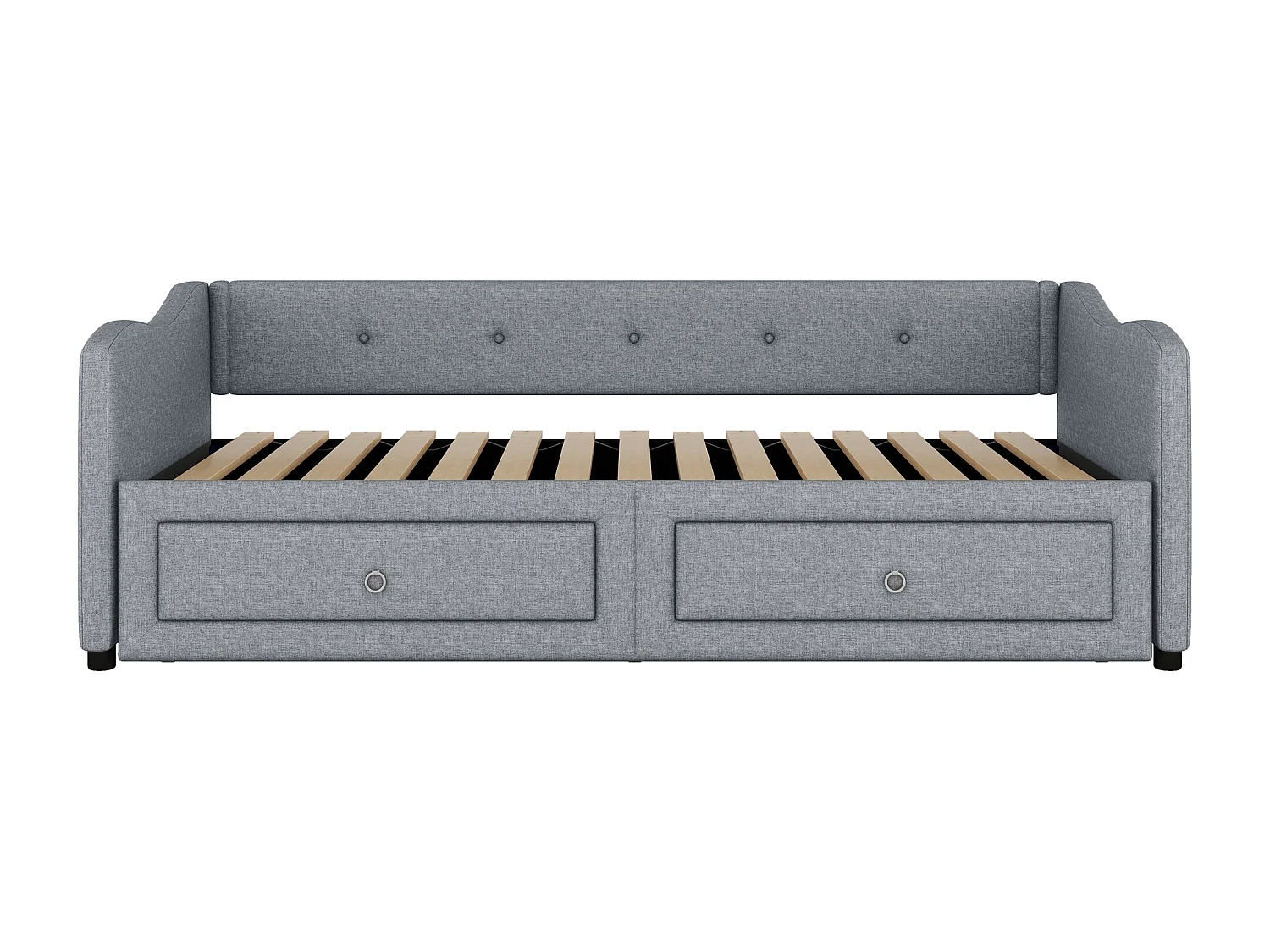 Bedbank 90x200 cm, grijs linnen, onderschuifbed met 2 lades en lattenbodem, zonder matras