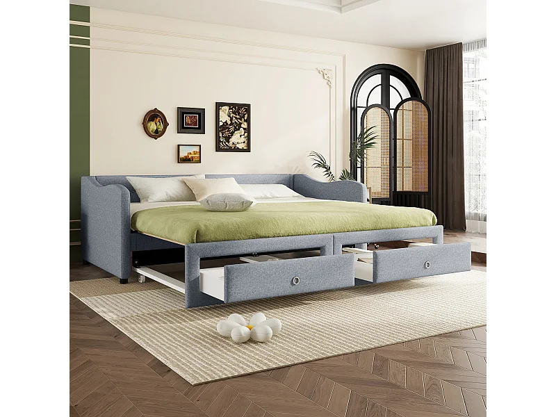 Divano letto 90x200 cm, lino grigio, letto estraibile con due cassetti e rete a doghe, materasso escluso