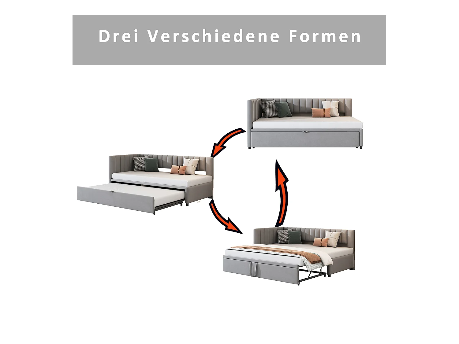 Lit banquette 90/180x200 cm - velours gris - Lit enfant avec dossier rembourré et sommier à lattes - sans matelas