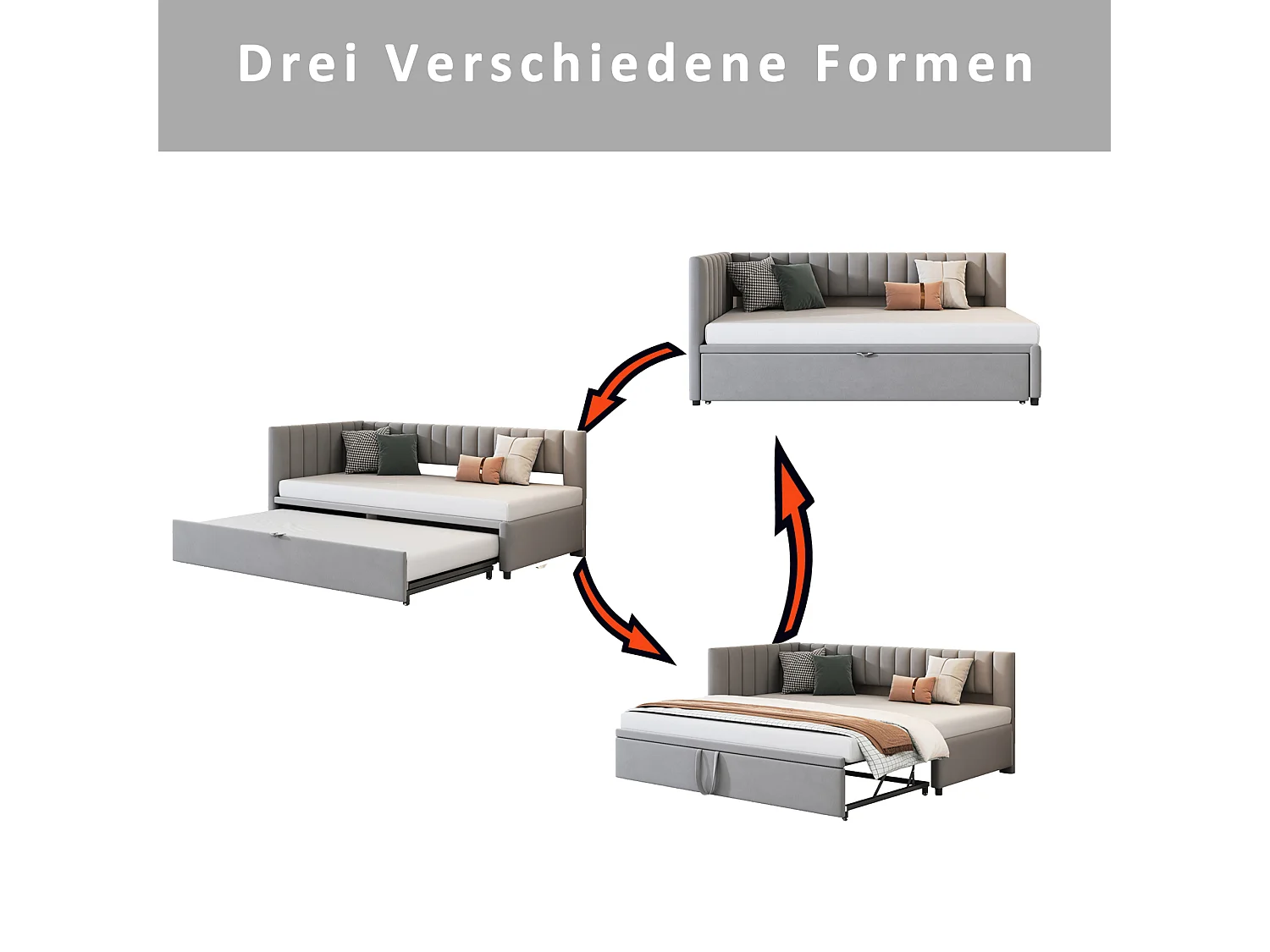 Tagesbett 90/180 x 200 cm – grauer Samt – Kinderbett mit gepolsterter Rückenlehne und Lattenrost – ohne Matratze