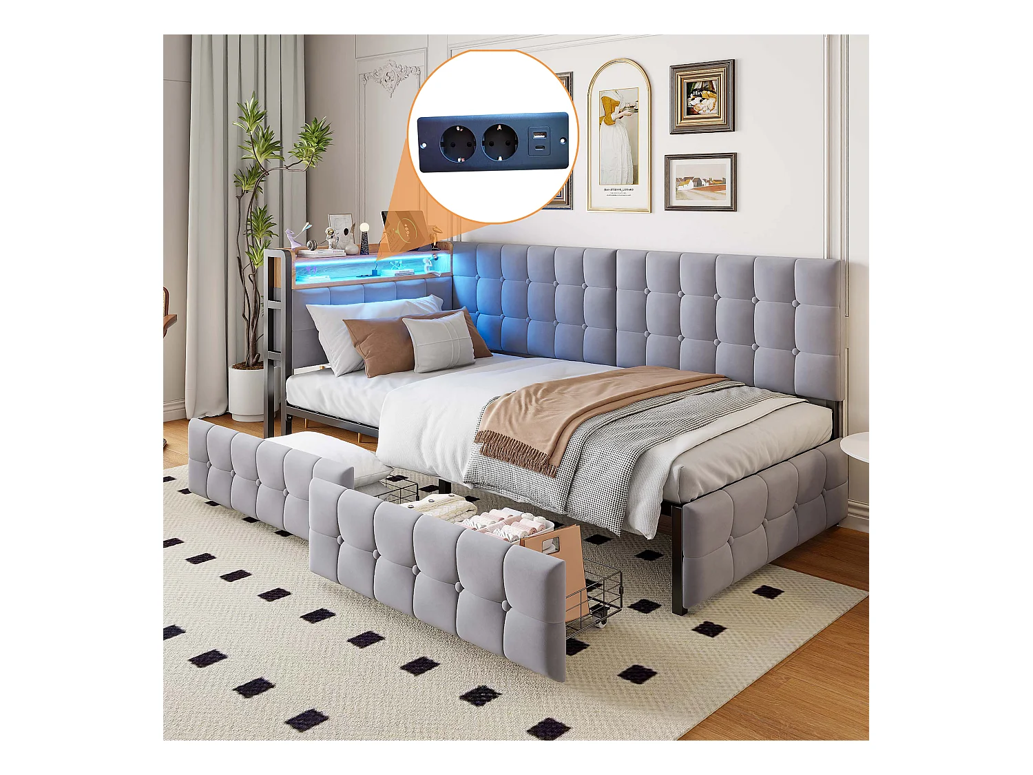 Lit banquette 90x200 cm - velours gris clair - Lit adulte avec chargement USB et LED - 2 tiroirs - sans matelas